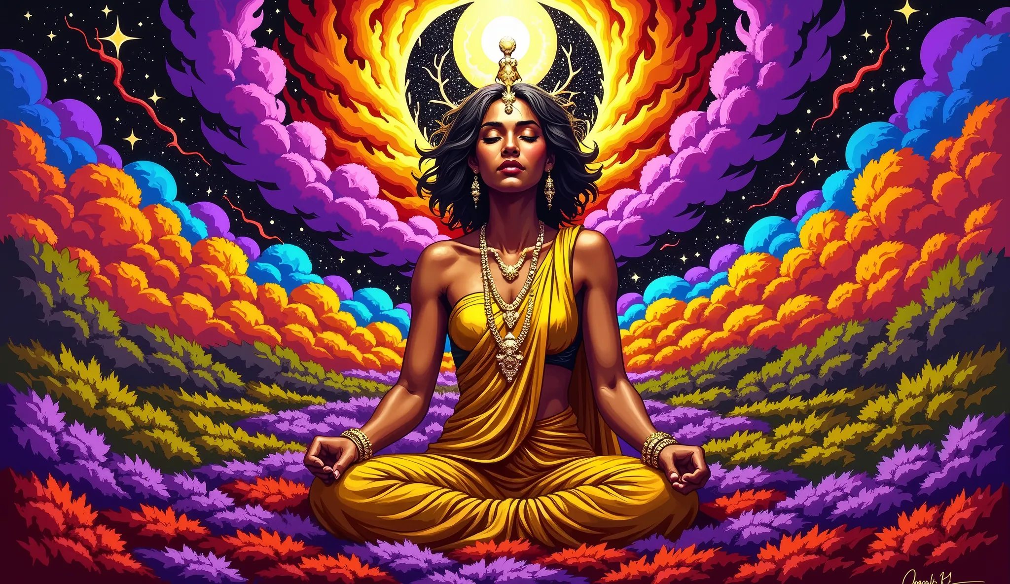 "Create a high-resolution digital artwork in a retro-futuristic CRT monitor aesthetic, blending hyper-realistic and vibrant abstract elements, inspired by Sri Lankan mysticism and cosmic energy. Depict Manovi, a short-haired Sri Lankan woman with two-tone ...