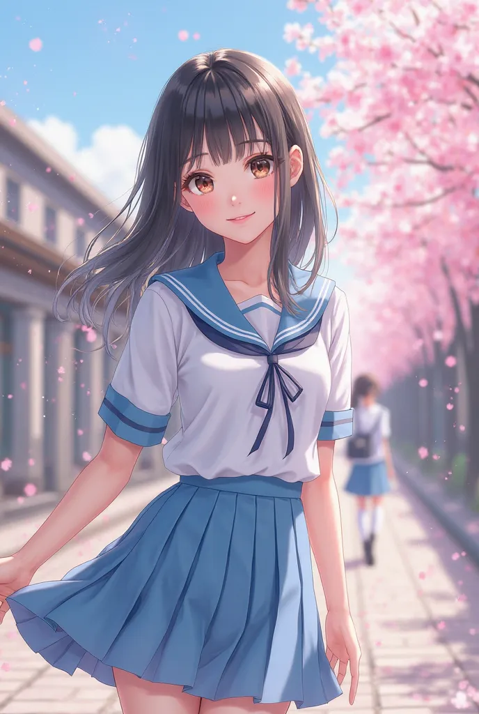 ultra-clear realistic style,exquisite beautiful atmosphere,
Pure cute girl,Fair translucent skin,Bright big eyes,long eyelasher,pink lips,delicate compact nose,Light blush,Sweet smile,shoulder-length black straight hair,Air bangs,
light blue sailor s...
