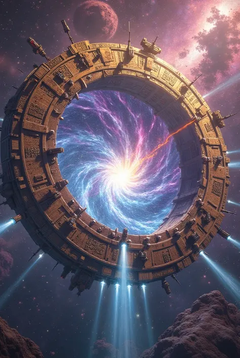 This breathtaking image portrays a colossal, intricately designed circular portal or space structure suspended in the vast expanse of outer space. The dominant feature is the massive ring, seemingly made of ancient, golden-metallic alloys, engraved with en...