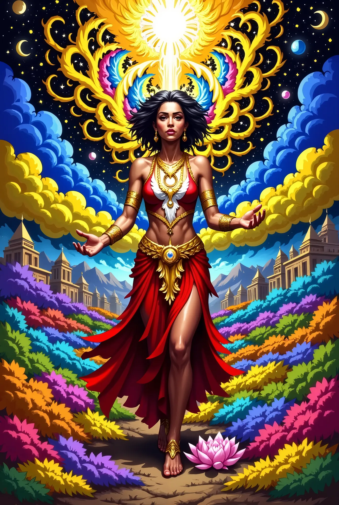 "High-resolution digital artwork, hyper-realistic, surreal abstract, vibrant colors, dynamic pose, concept art": Sets the immediate tone and desired output quality. "Concept art" helps the AI understand it's a designed, thematic piece.
"Depict Manovi, a sh...