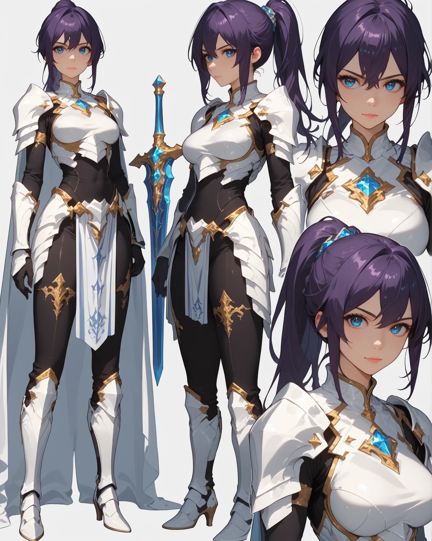score_9, score_8_up, score_7_up, detailed, 4k, highres, masterpiece, gorgeous, character design, character reference, dynamic character design, multiple views, source_anime, 1girl, purple hair, ponytail, sidelocks, beautiful detailed eyes, blue eyes, pale ...