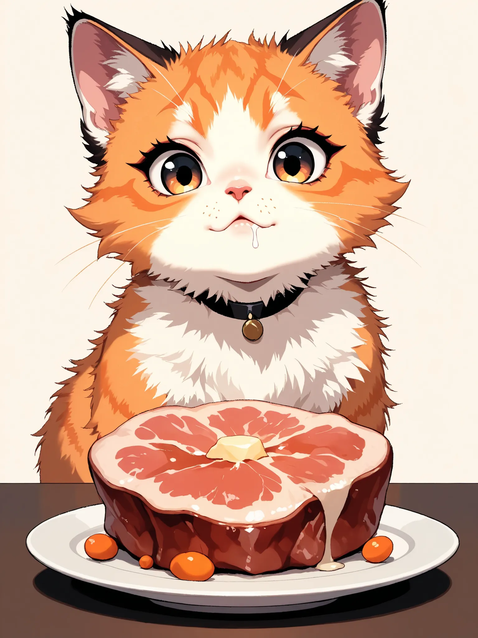 masterpiece, good quality, amazing quality, very aesthetic, anime, highres, absurdres, 16K resolution. | Kitten with fluffy orange fur, staring at a plate full of meat. fierce but cute stare, drooling. Miao_Kitten.