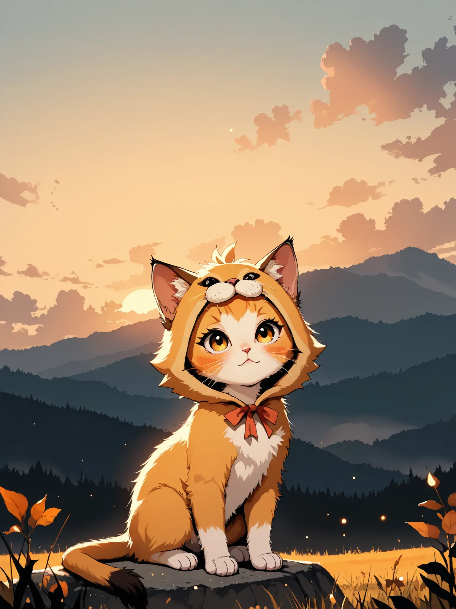 masterpiece, good quality, amazing quality, very aesthetic, anime, highres, absurdres, 16K resolution. | Kitten with fluffy orange fur, wearing lion costume for kitten, observing sunset in a hill. Miao_Kitten.