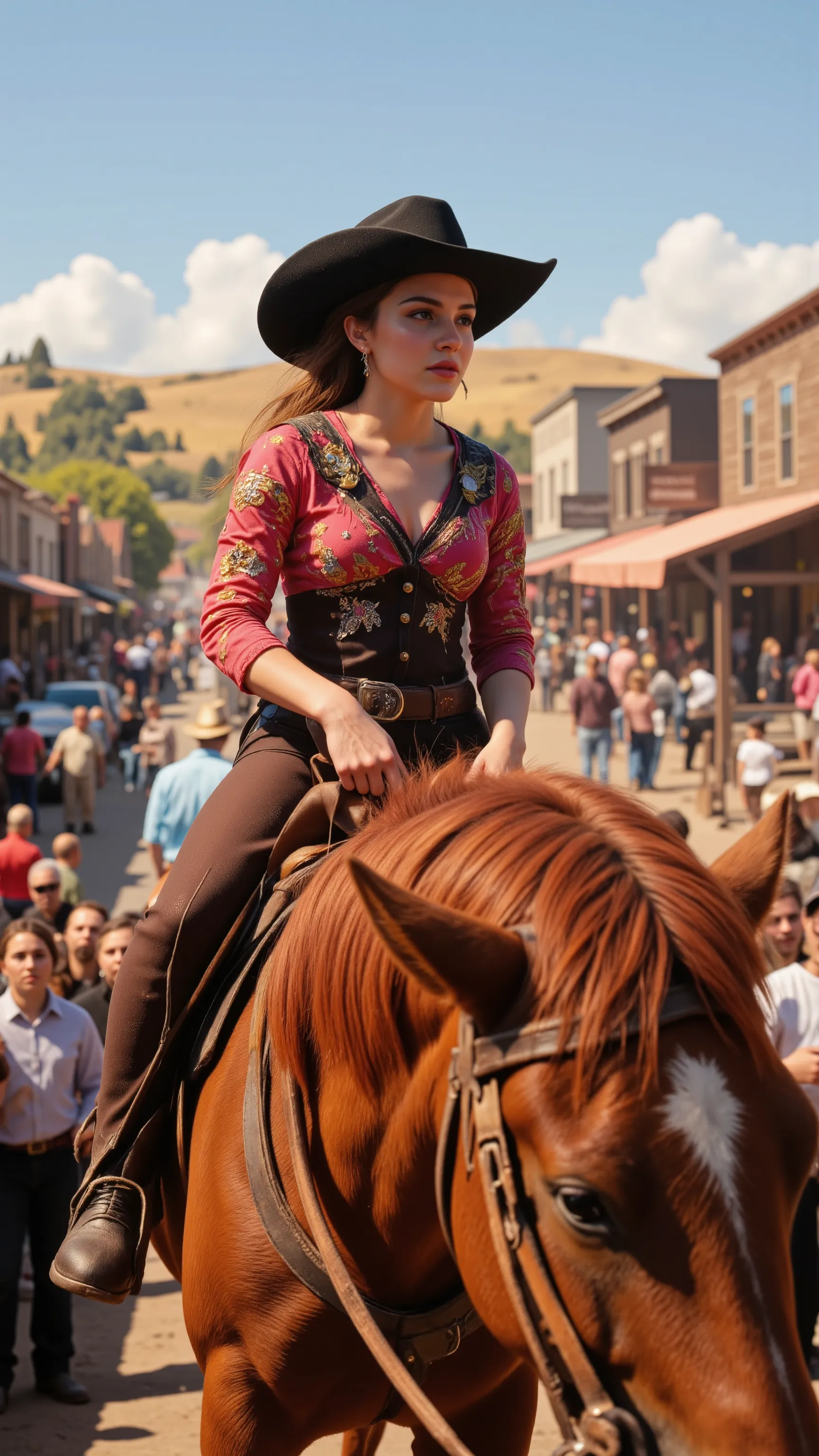 highdefinition images、at Fort Worth's Cow Chasing Festival、Cowgirl on Horses、beautiful woman、There are a lot of spectators、Townscapes that seem to appear in a Western movie、舗装道路
