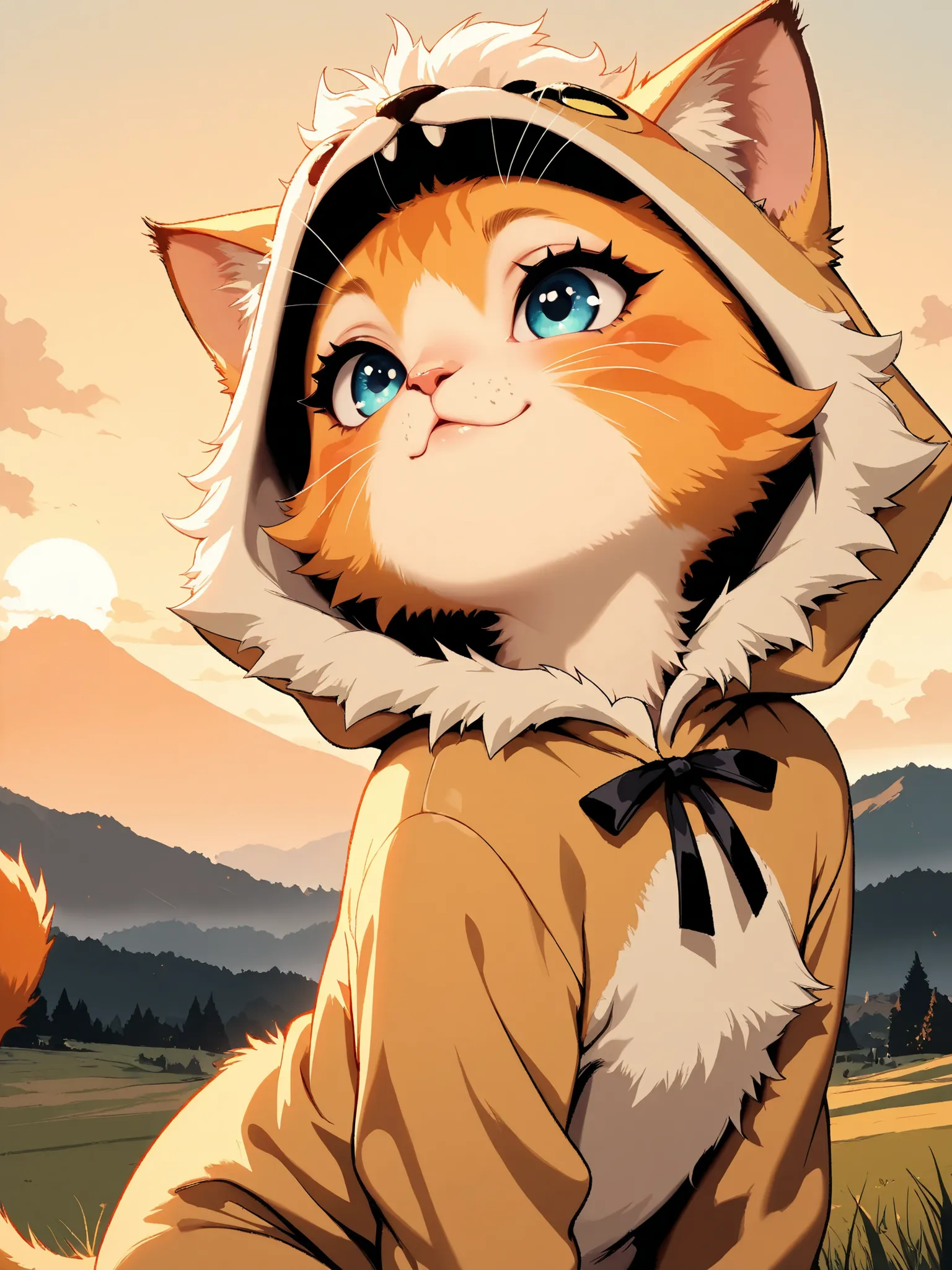 masterpiece, good quality, amazing quality, very aesthetic, anime, highres, absurdres, 16K resolution. | Kitten with fluffy orange fur, wearing lion costume for kitten, observing sunset in a hill. Miao_Kitten.