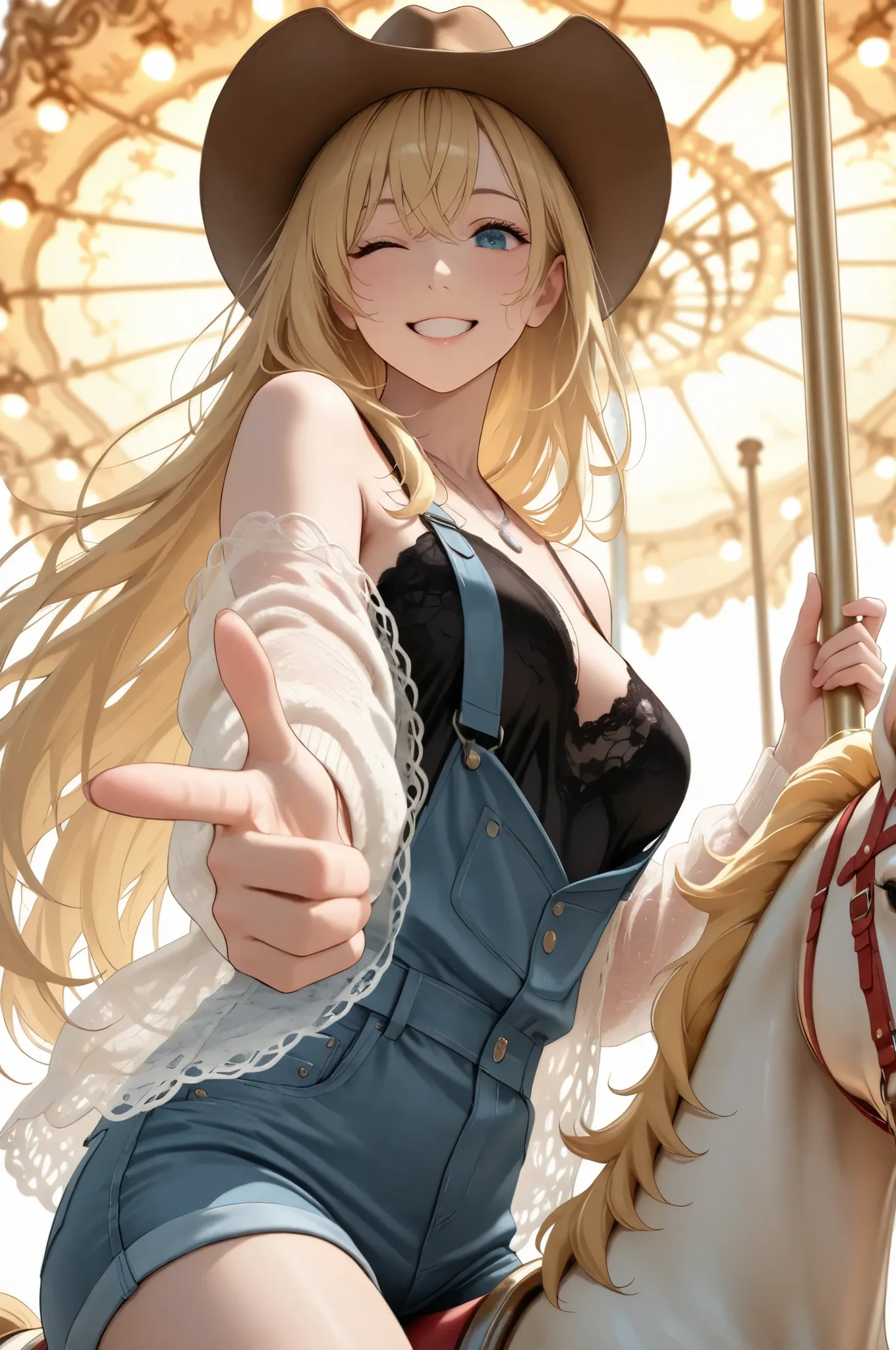 kana01,semi-realistic,A bustling amusement park ,adult woman riding a merry-go-round,(Riding on a carousel:1.3),masterpiece, 1woman, finger gun, aiming with a finger gun, put one hand forward, upper body, low-angle shot, looking down, dynamic, grin, one ey...