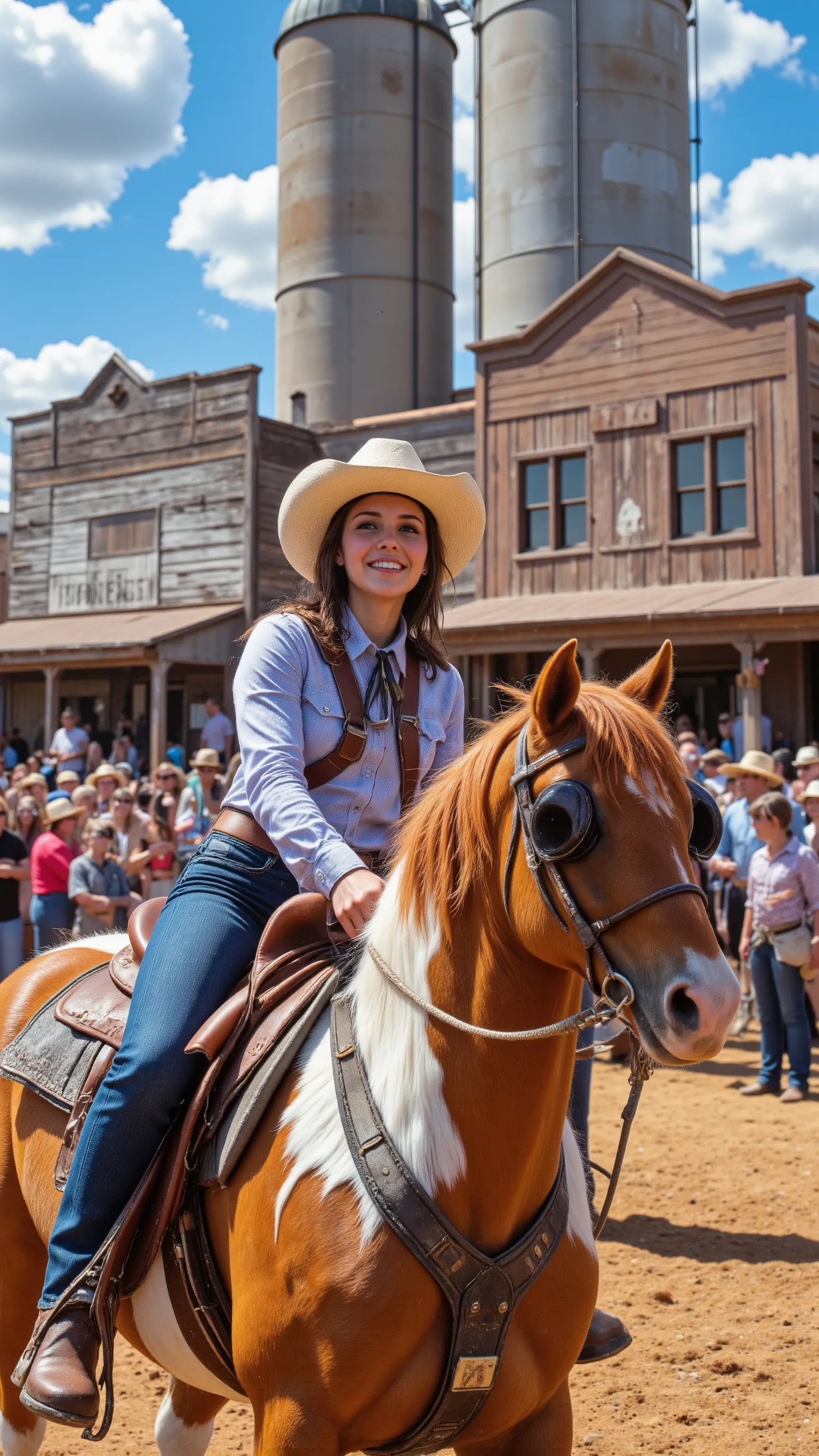 highdefinition images、at Fort Worth's Cow Chasing Festival、Cowgirl on Horses、beautiful woman、There are a lot of spectators、Townscapes that seem to appear in a Western movie