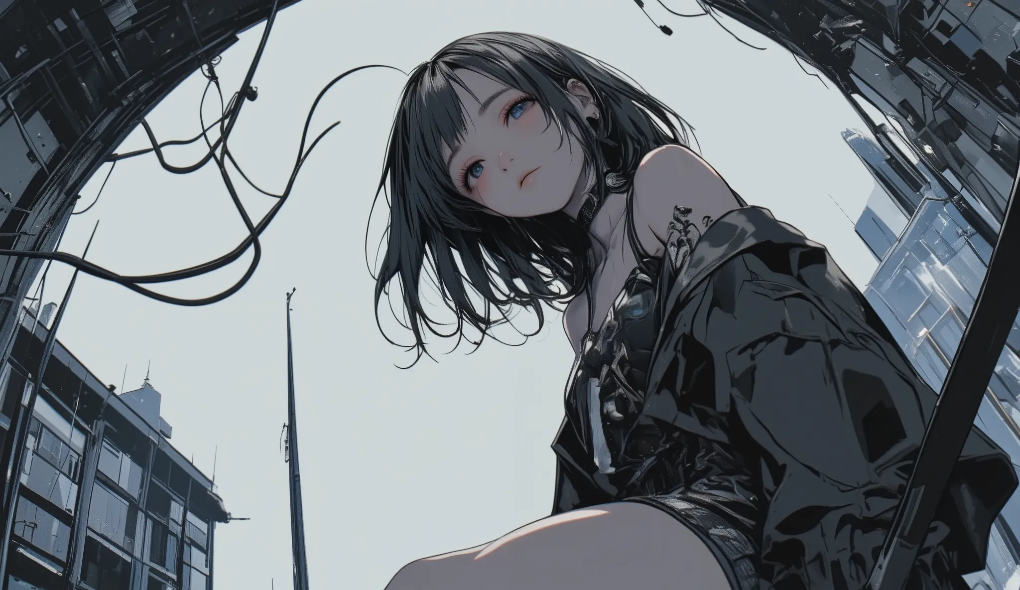 Fisheye Wide Angle , hoodie , Fisheye Wide Angle , 、The expression and outfit are 、. Shadows at your feet、 High Angle and Strong Fisheye Perspective , The background is ruins、 anatomically accurate、anime pure white skin sexy woman cute girl big bo...