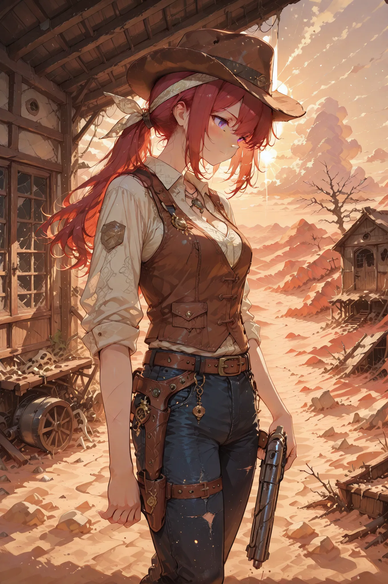 masterpiece, anime artwork, score_9_up, 1girl, 20yo Japanese woman cowboy explorer, from an angle, upper body shot
BREAK
(deep red hair:1.2), wavy hair tied in loose ponytail, weathered leather cowboy hat with bullet holes and scratches, determined expression with hints of melancholy
BREAK
violet purple eyes with intricate kaleidoscope iris patterns, crystalline depth reflecting abandoned memories, contemplative smile with mysterious charm
BREAK
((sexy)), rugged cowboy attire, brown leather vest with worn patches and brass buckles, cream colored shirt with rolled sleeves, dark denim pants with detailed wear patterns, leather gun belt with ornate silver conchos, faded bandana with intricate paisley designs
BREAK
abandoned wooden saloon with broken windows and detailed wood grain showing age, weathered planks with peeling paint textures, rusty hinges and door hardware, tumbleweeds caught against porch railings, broken wagon wheels scattered around
BREAK
vast desert landscape with red canyon walls showing geological layers, scattered bones and artifacts partially buried in sand, dead trees with intricate branch patterns, dramatic storm clouds gathering overhead with detailed formations
BREAK
atmospheric lighting with dust particles illuminated by filtered sunlight, golden hour ambiance casting long shadows from ruins, volumetric lighting through broken roof beams, cinematic composition emphasizing solitude and adventure