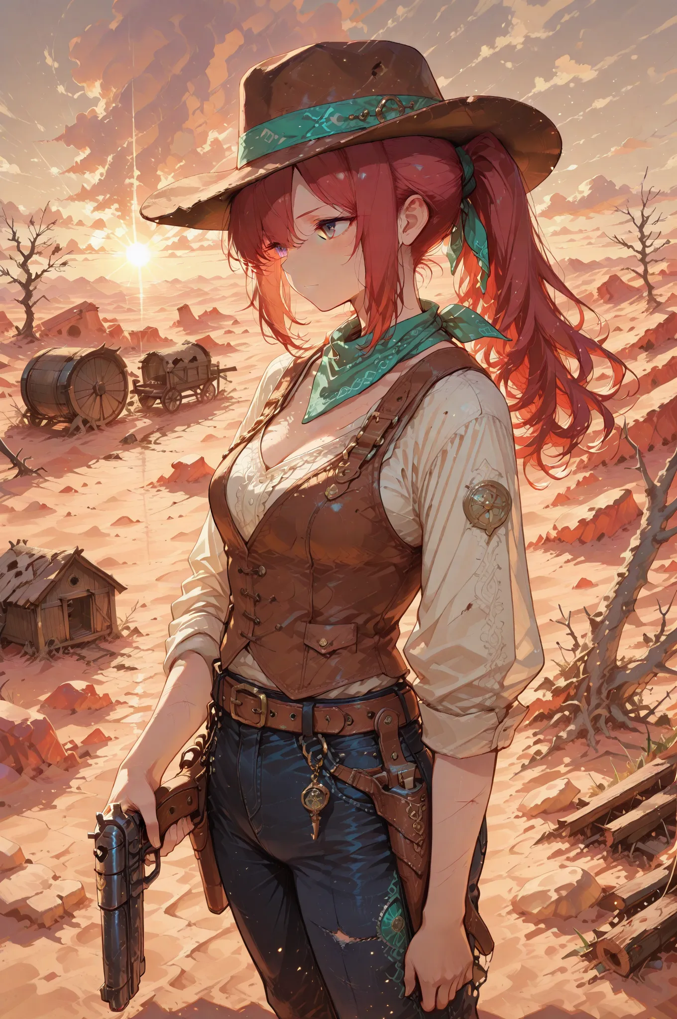 masterpiece, anime artwork, score_9_up, 1girl, 20yo Japanese woman cowboy explorer, from an angle, upper body shot
BREAK
(deep red hair:1.2), wavy hair tied in loose ponytail, weathered leather cowboy hat with bullet holes and scratches, determined expression with hints of melancholy
BREAK
violet purple eyes with intricate kaleidoscope iris patterns, crystalline depth reflecting abandoned memories, contemplative smile with mysterious charm
BREAK
((sexy)), rugged cowboy attire, brown leather vest with worn patches and brass buckles, cream colored shirt with rolled sleeves, dark denim pants with detailed wear patterns, leather gun belt with ornate silver conchos, faded bandana with intricate paisley designs
BREAK
abandoned wooden saloon with broken windows and detailed wood grain showing age, weathered planks with peeling paint textures, rusty hinges and door hardware, tumbleweeds caught against porch railings, broken wagon wheels scattered around
BREAK
vast desert landscape with red canyon walls showing geological layers, scattered bones and artifacts partially buried in sand, dead trees with intricate branch patterns, dramatic storm clouds gathering overhead with detailed formations
BREAK
atmospheric lighting with dust particles illuminated by filtered sunlight, golden hour ambiance casting long shadows from ruins, volumetric lighting through broken roof beams, cinematic composition emphasizing solitude and adventure