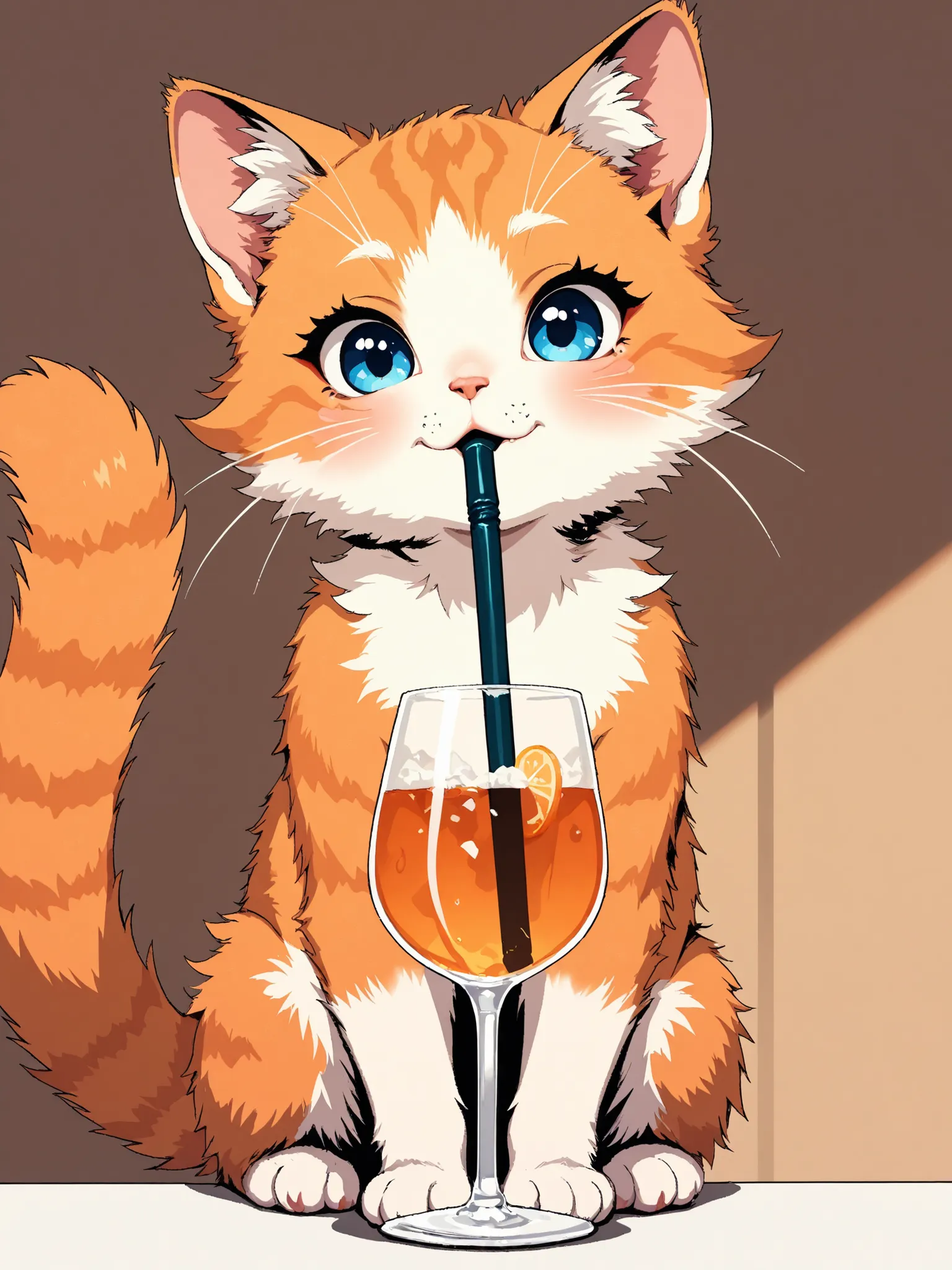 masterpiece, good quality, amazing quality, very aesthetic, anime, highres, absurdres, 16K resolution. | Kitten with fluffy orange fur, drinking from a glass with a straw, blissful expression.Miao_Kitten.