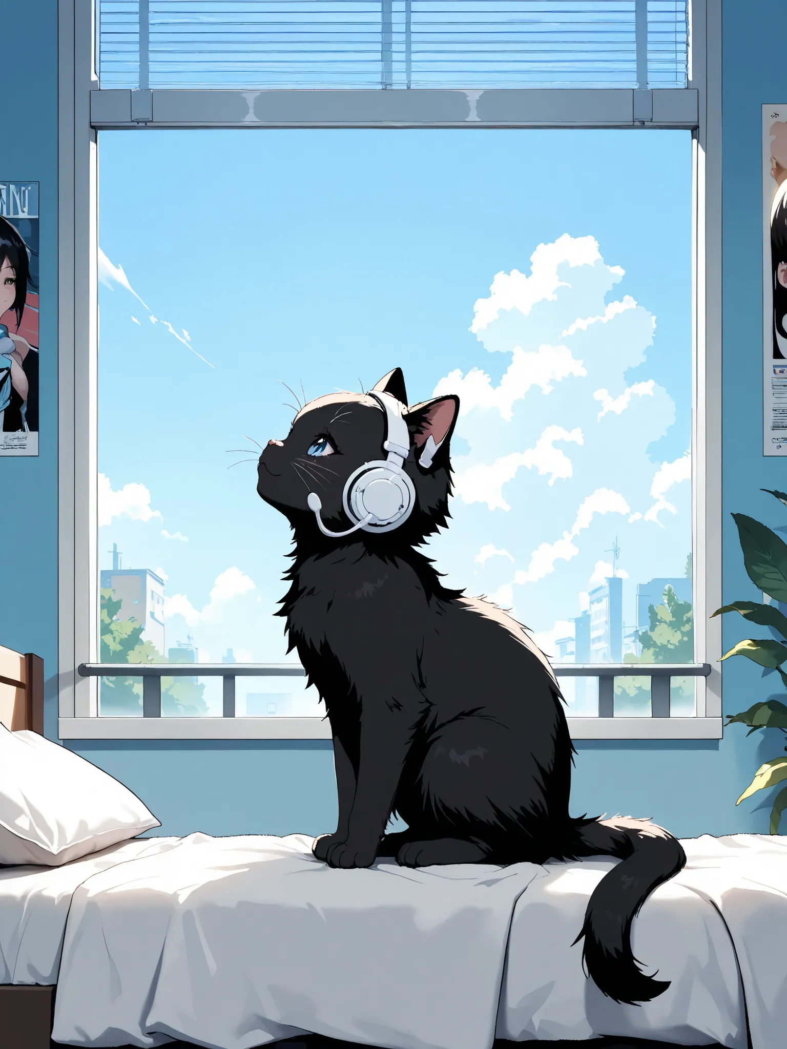,masterpiece, good quality, amazing quality, very aesthetic, anime, highres, absurdres, 16K resolution. | Kitten with fluffy black fur, white headset, moving her head while enjoying music. Bed room with Music posters, a window with blue sky.