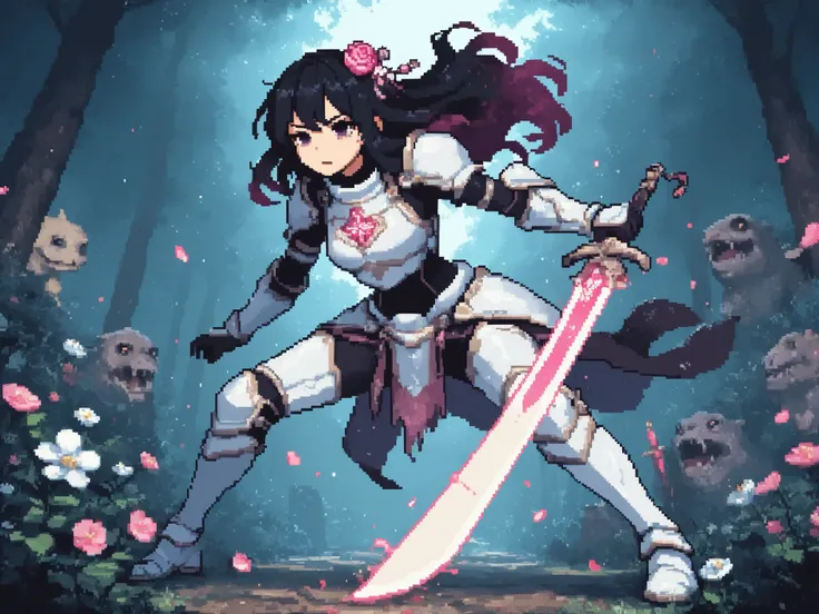 a boy, with stingy hair, the hair tops his eyes, combat pose faced with a monster with his sword, a large and shiny white armor,  color of white armor with the detail of a flower on his chest, neutral expression is worth mother all, epic and rare environme...