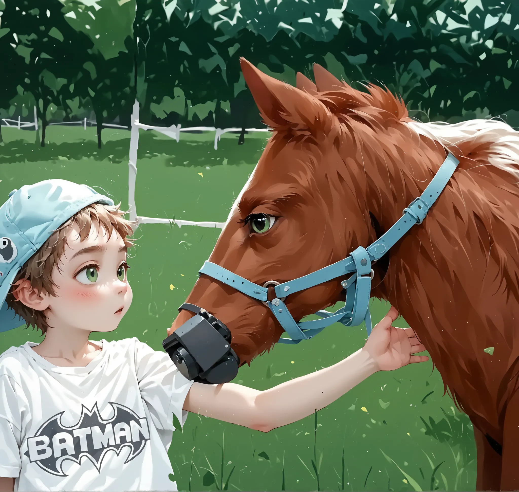 ((((MAKE MORE REALISTIC)))), A heartwarming rural moment unfolds as a young boy, wearing a pastel green T-shirt emblazoned with a playful Batman logo and a backwards light blue cap adorned with cartoonish eyes, gently reaches out to caress the muzzle of a ...