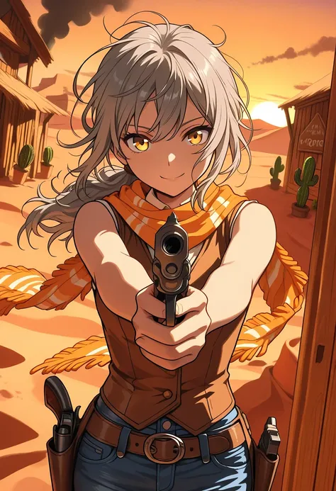 masterpiece, best quality, top quality, desert, sunset, western town, western buildings, wooden buildings, swinging wooden doors, wooden awnings, sign, cactus, facedown bodies, character: close up, dynamic angle, action pose, aiming pistols at pov, messy hair, yellow eyes, upper body, long hair, smile, holding pistol, smoke trailing from pistol, gray hair, low ponytail, , cowboy hat, brown sleeveless vest, white sleeveless collared shirt, denim jeans, gun holster, scaled scarf, upper body, thin legs, thin thighs, orange splash effect, orange flash from pistols,