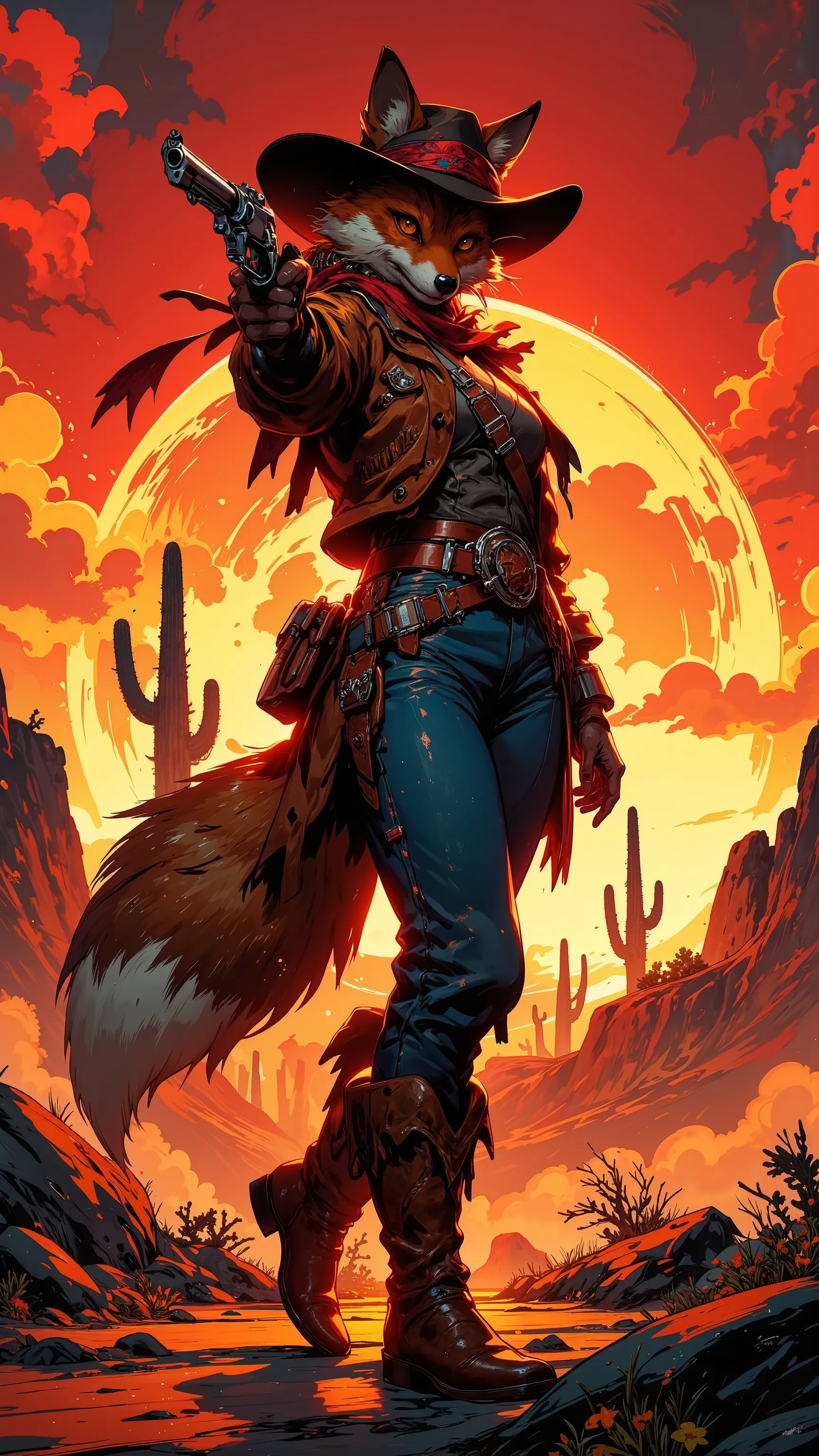 Sunset ranch in the background、sexy fox cowgirl ,reddish sunset reveals her silhouette ,top quality, Ultra Fine, photorealistic, doll red fox cowgirl, supple body, leather western hat, brown leather jacket with fringes, tight denim pants, spar attached to ...