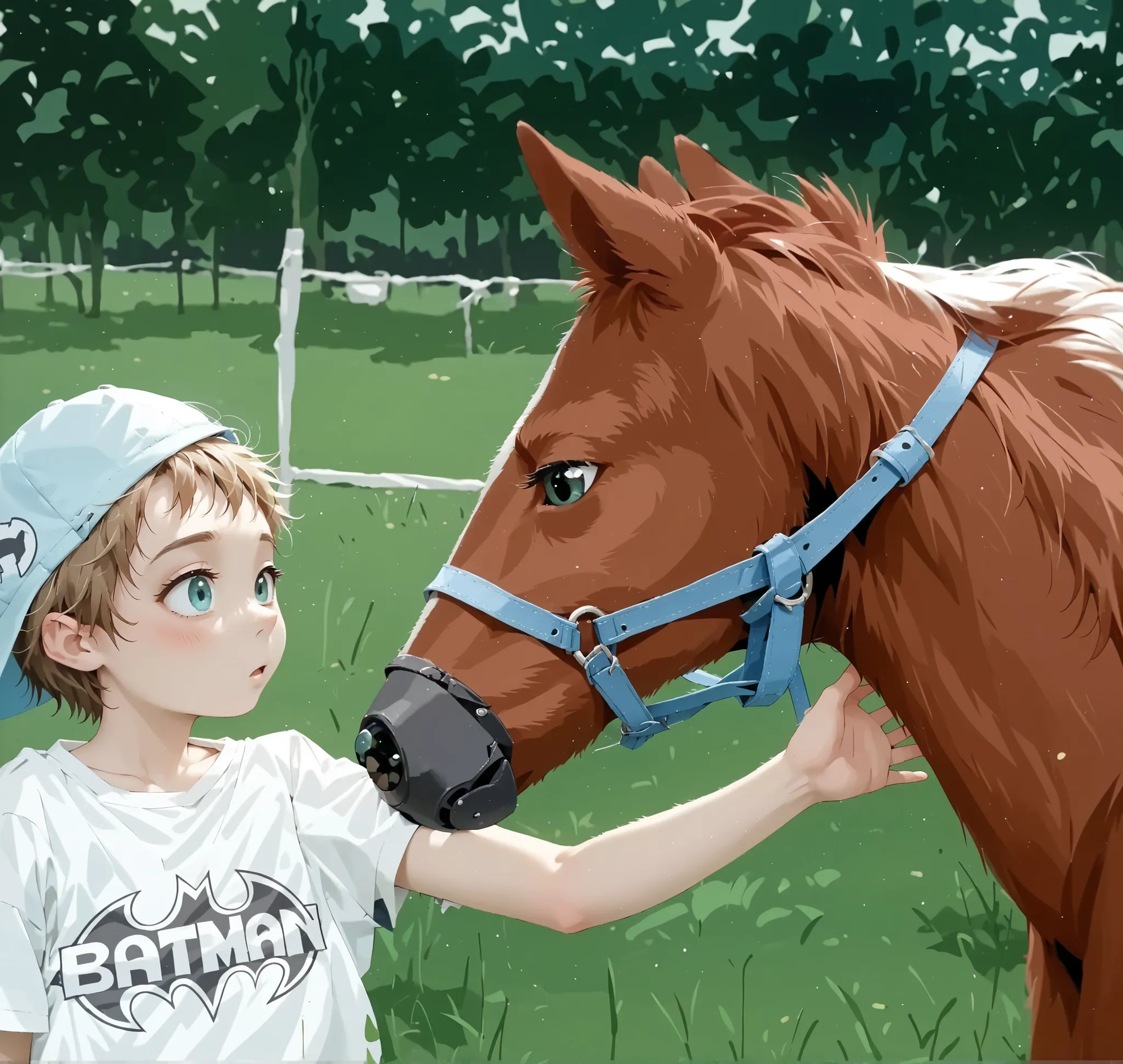 ((((MAKE MORE REALISTIC)))), A heartwarming rural moment unfolds as a young boy, wearing a pastel green T-shirt emblazoned with a playful Batman logo and a backwards light blue cap adorned with cartoonish eyes, gently reaches out to caress the muzzle of a ...