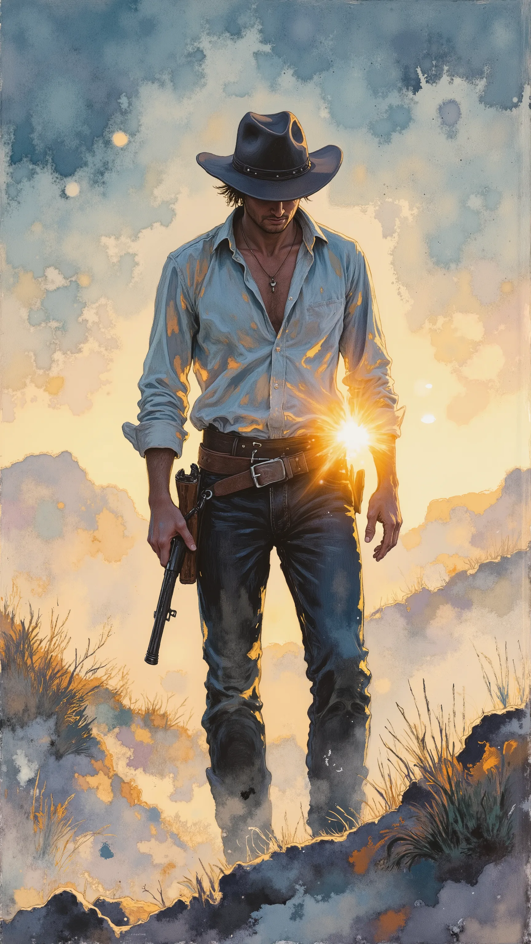a lone cowboy standing in the middle of a desolate salt flat at dusk, shirt half open and blowing in the wind, wearing cracked leather boots and a wide-brimmed hat shadowing his face, golden hour lighting casting long shadows, erotic yet melancholic aura, ...