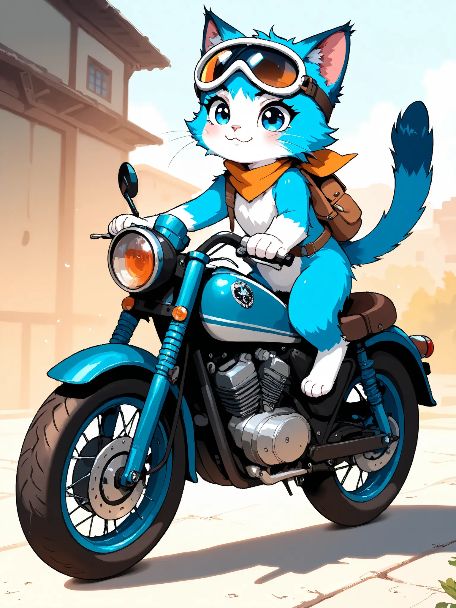 masterpiece, good quality, amazing quality, very aesthetic, anime, highres, absurdres, 16K resolution. | Kitten with blueish fur, wearing vintage motorcycle goggle, hitching a ride in motorcycle. Miao_Kitten.