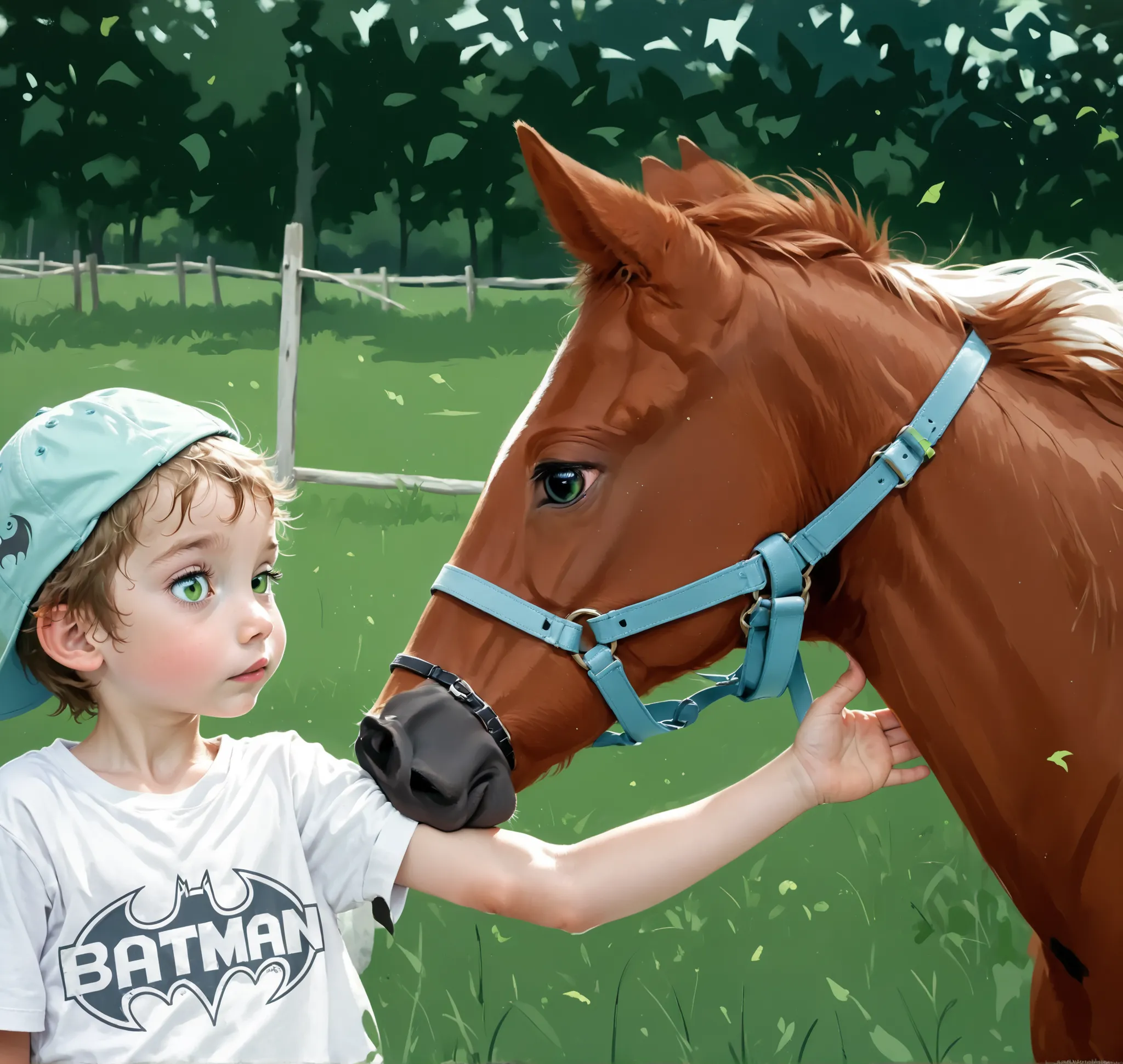 ((((MAKE MORE REALISTIC)))), A heartwarming rural moment unfolds as a young boy, wearing a pastel green T-shirt emblazoned with a playful Batman logo and a backwards light blue cap adorned with cartoonish eyes, gently reaches out to caress the muzzle of a ...
