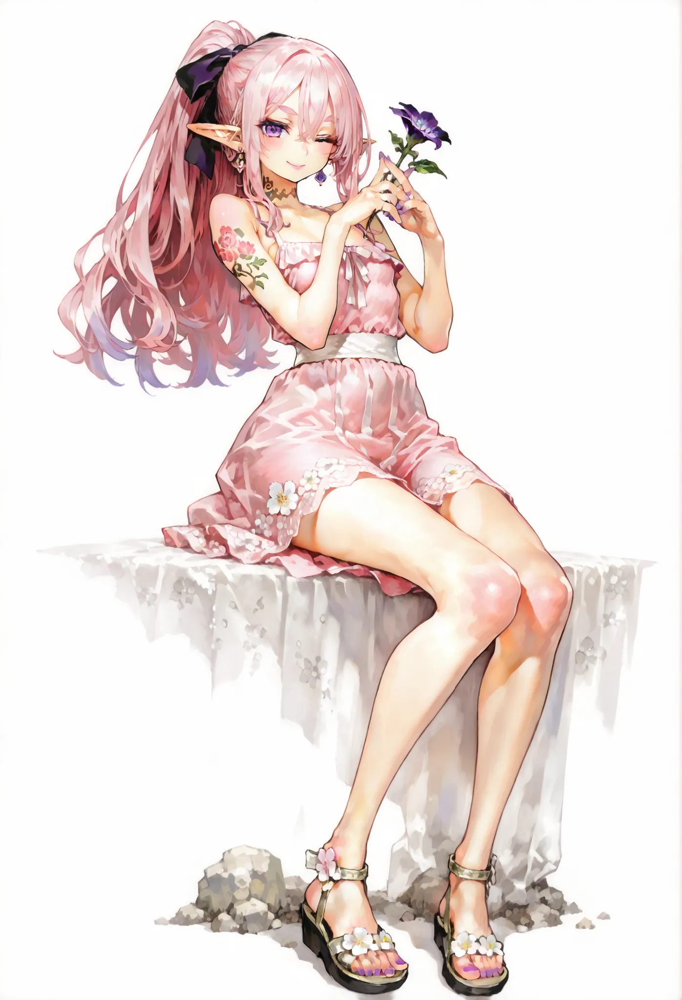 masterpiece.Full Body.( top quality), ( ultra high resolution), (white background):1.2,  ((solo、petite girl getting her knees、stares at viewers、pink hair、long hair、ponytail、Hair between eyebrows、elf ears、PURPLE EYES、pink lips、jewelry、earrings.neck tattoo.f...
