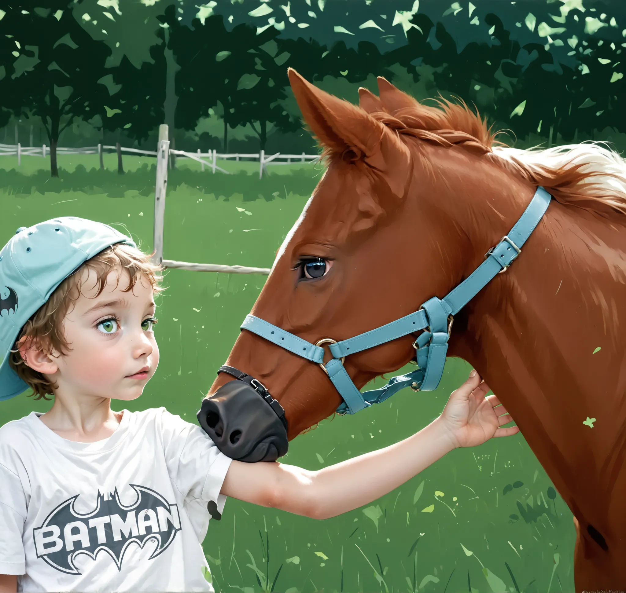 ((((MAKE MORE REALISTIC)))), A heartwarming rural moment unfolds as a young boy, wearing a pastel green T-shirt emblazoned with a playful Batman logo and a backwards light blue cap adorned with cartoonish eyes, gently reaches out to caress the muzzle of a ...
