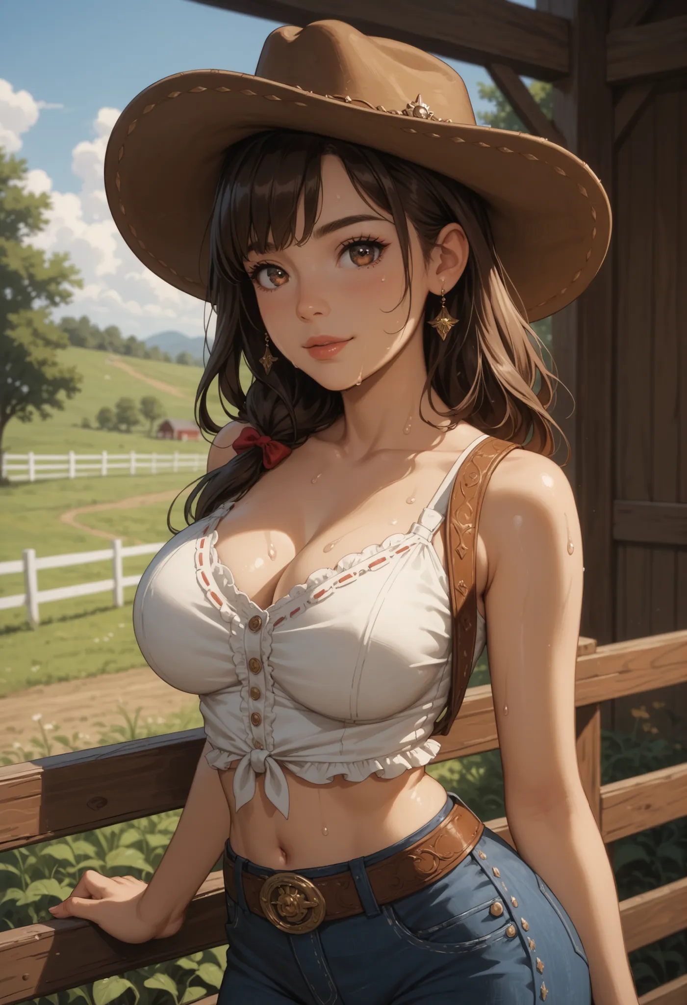 Masterpiece, best quality, extreme details, anatomically correct, Young woman posing sexily, Young woman stands alone and drenched in sweat on a farm, (Young woman wears a western cowboy hat.), Young woman wears sexy cowboy clothing, Young woman has extrem...