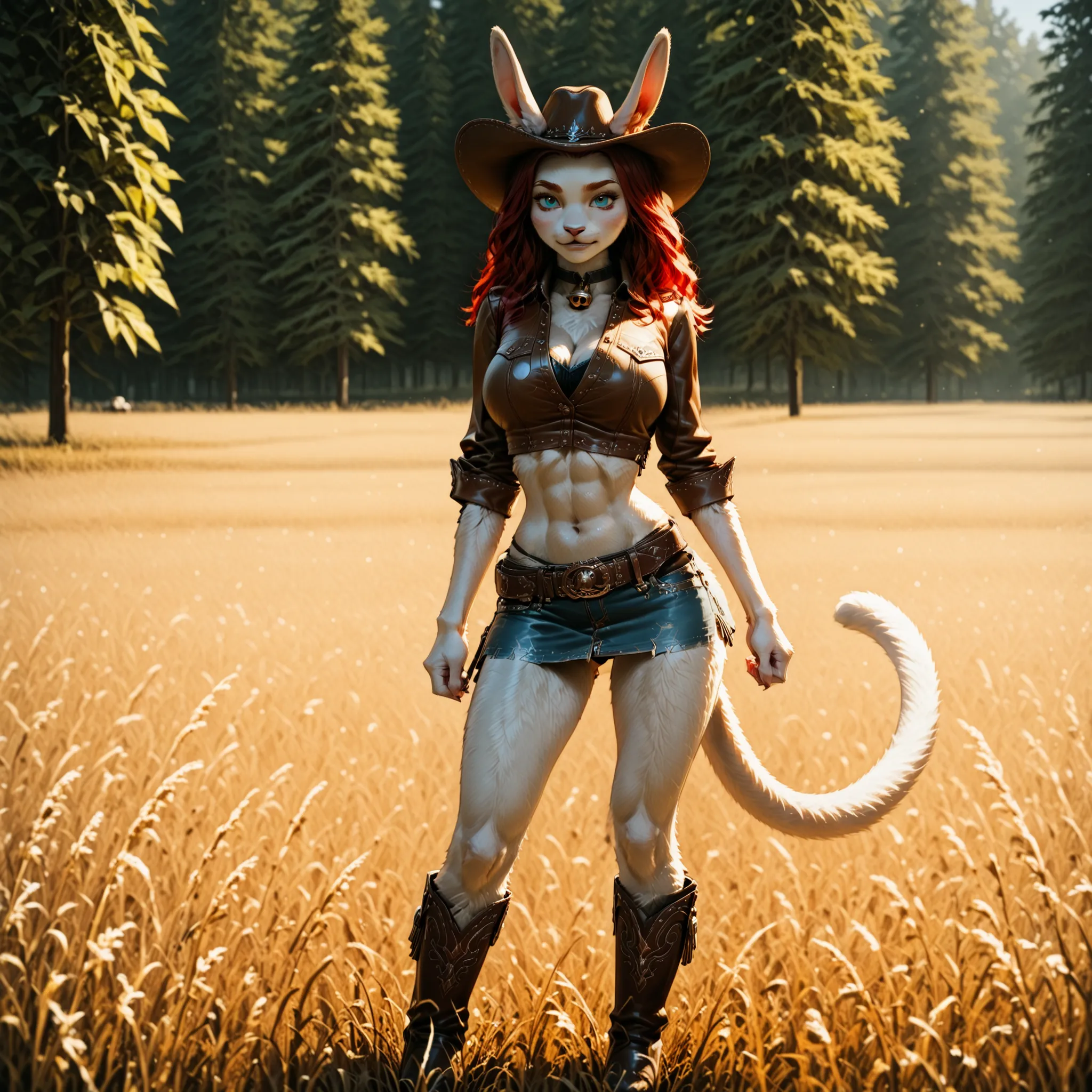 20 years old,Light Brown Braids,Cat ears,Cat tail,freckles on the cheeks ,choker with bell,cowboy hat,skinny,BLACK BRA,Sleeveless Leather Jacket,Leather Belt Holster,denim miniskirt,black panties,black stockings,leather boots ,cowgirl,playful smile,Ranch,R...