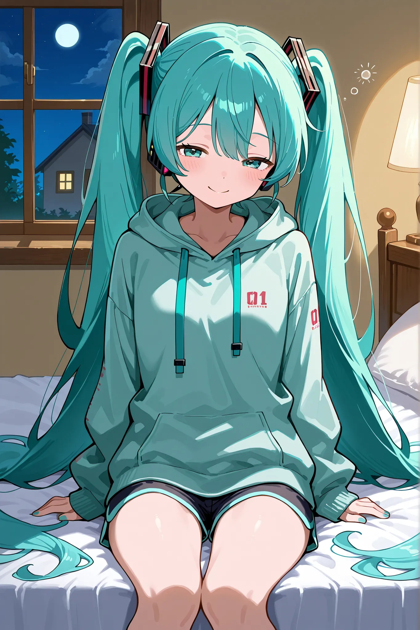 Hatsune Miku with a hoodie and sleepy shorts with a extra/heavy thicc is sitting in her bed bedroom house tonight (make her smile) (window is closed night)