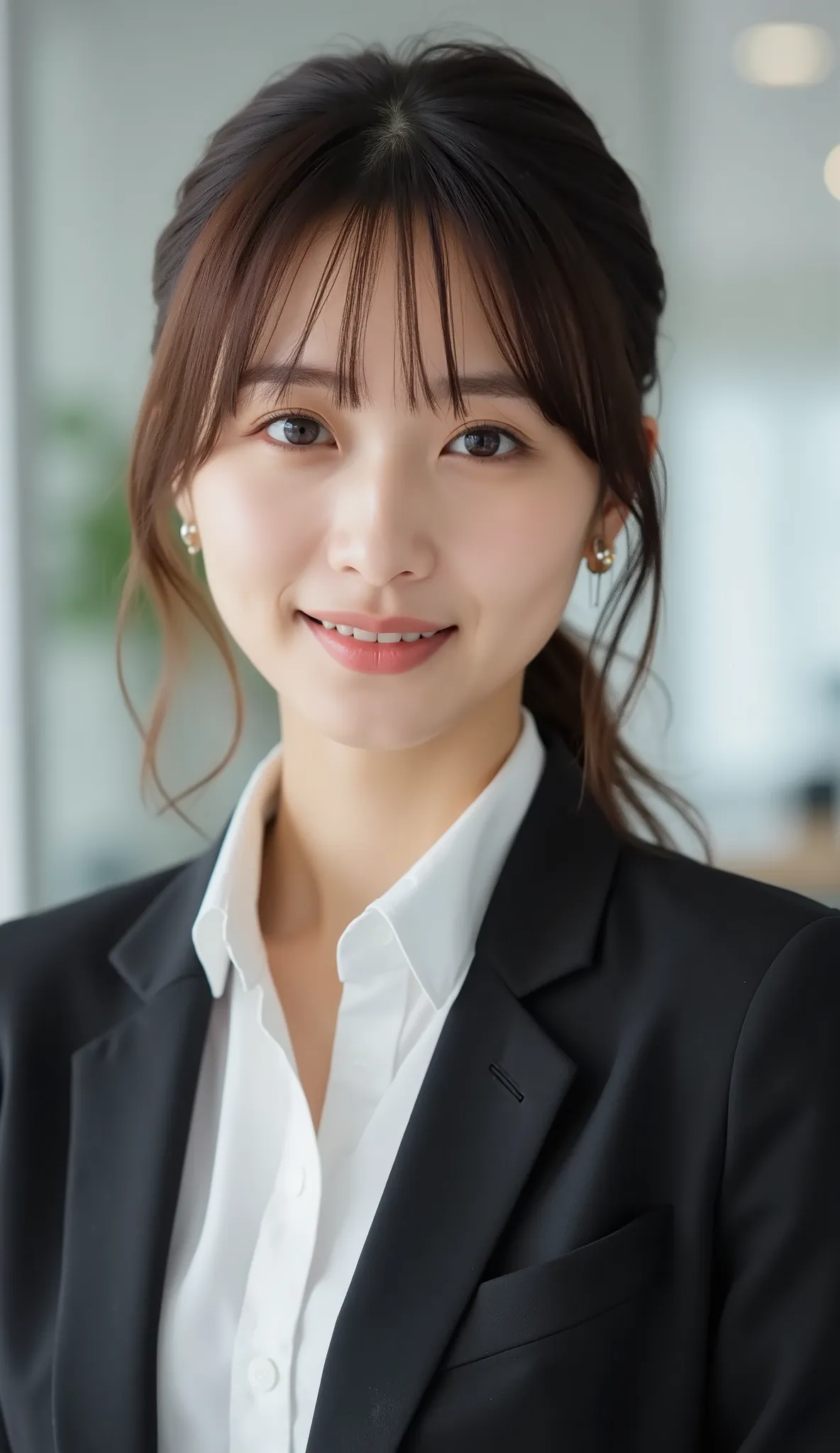 Neat Young Woman、and look at the camera、office lady suit、jacket、shirt、necklace、ear piercing、、smile showing teeth、背景はオフィス

