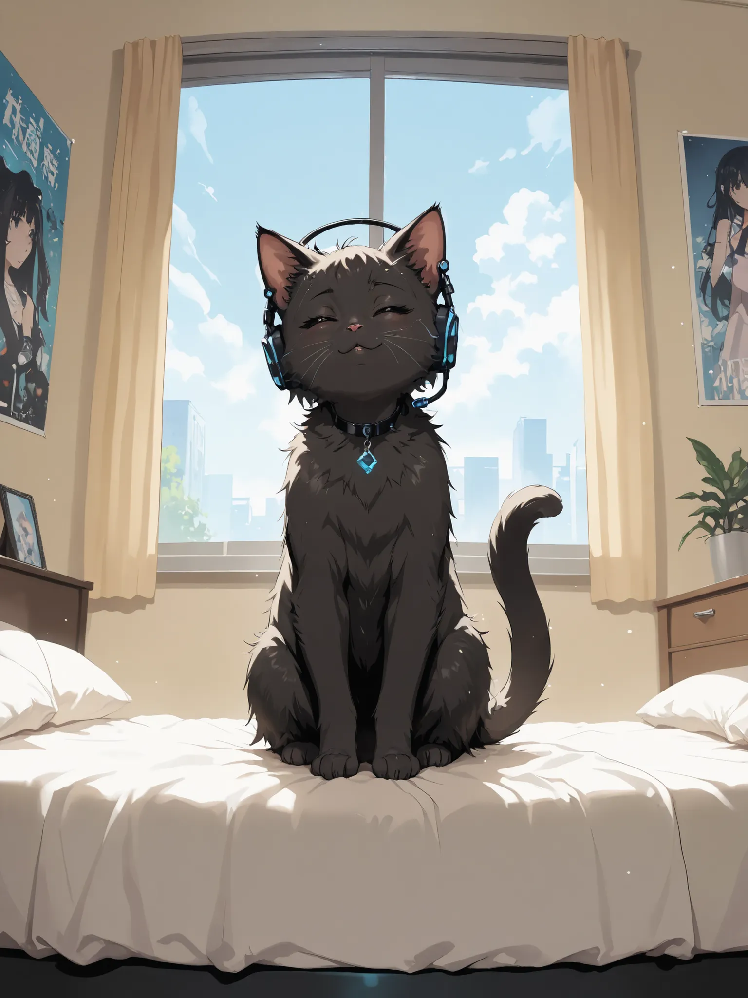 ,masterpiece, good quality, amazing quality, very aesthetic, anime, highres, absurdres, 16K resolution. | Kitten with fluffy black fur, white headset, moving her head while enjoying music. Bed room with Music posters, a window with blue sky.