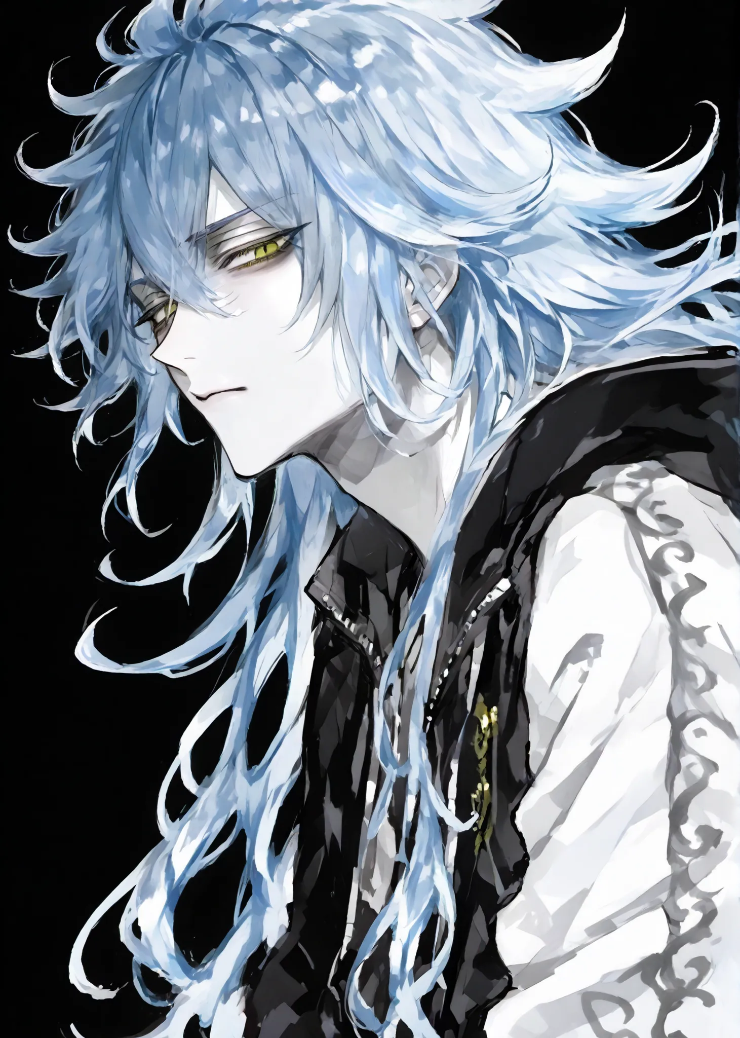 one man, man body, soro, blue hair, long hair, yellow eyes,
Disney TWISTED-WONDERLAND, Disney TWISTED-WONDERLAND_style, Yana Toboso_style, Disney TWISTED-WONDERLAND_idia_shroud, idia_shroud, jacket, monochrome, black and white, manga, cartoon _style, cool,...