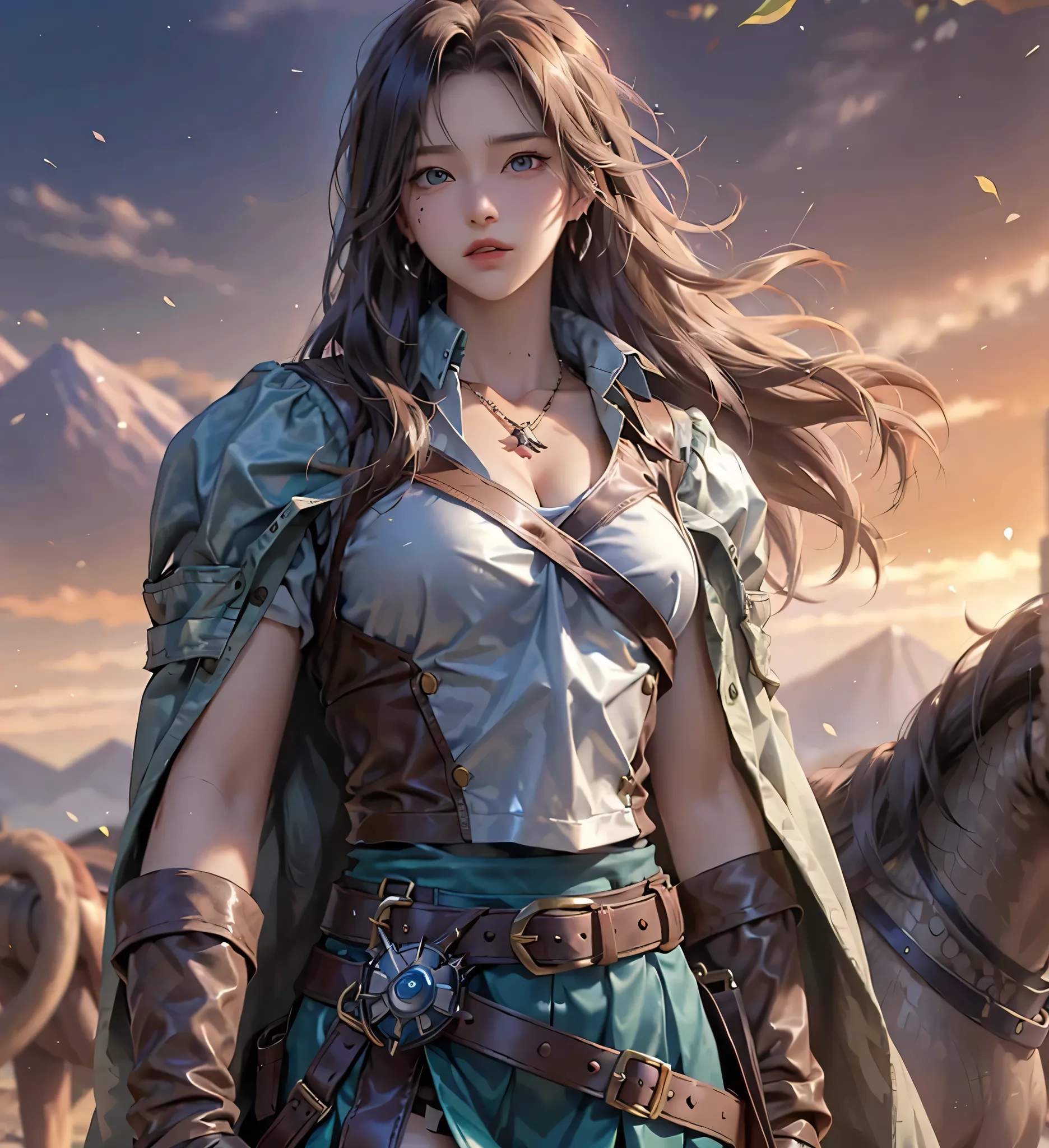 Anime texture 、single girl、Big, shining blue eyes、Blue Sky、riding horses、wilderness, Cactus growing、Spin a handgun with one hand、western drama、cowboy hat、Light Brown Shirt、leather vest、 skirt style、big boobs、Panties are red、I'm wearing my shirt and sandwic...