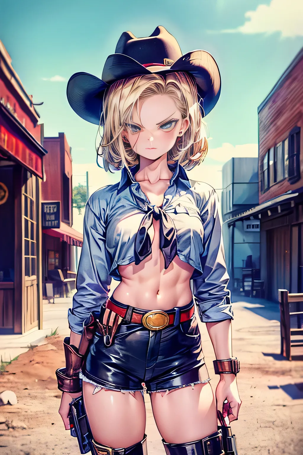 (Photo taken by a professional photographer), Western Theater, ((Android 18)),(cowboy hat,   cowboy boots, Front Open White Shirt, Leather Spats, Holster, Ammunition belt,  revolver, loose tie), Dry Wasteland, Natural Bone Sexy, (Arrogant posture ), (Texas...