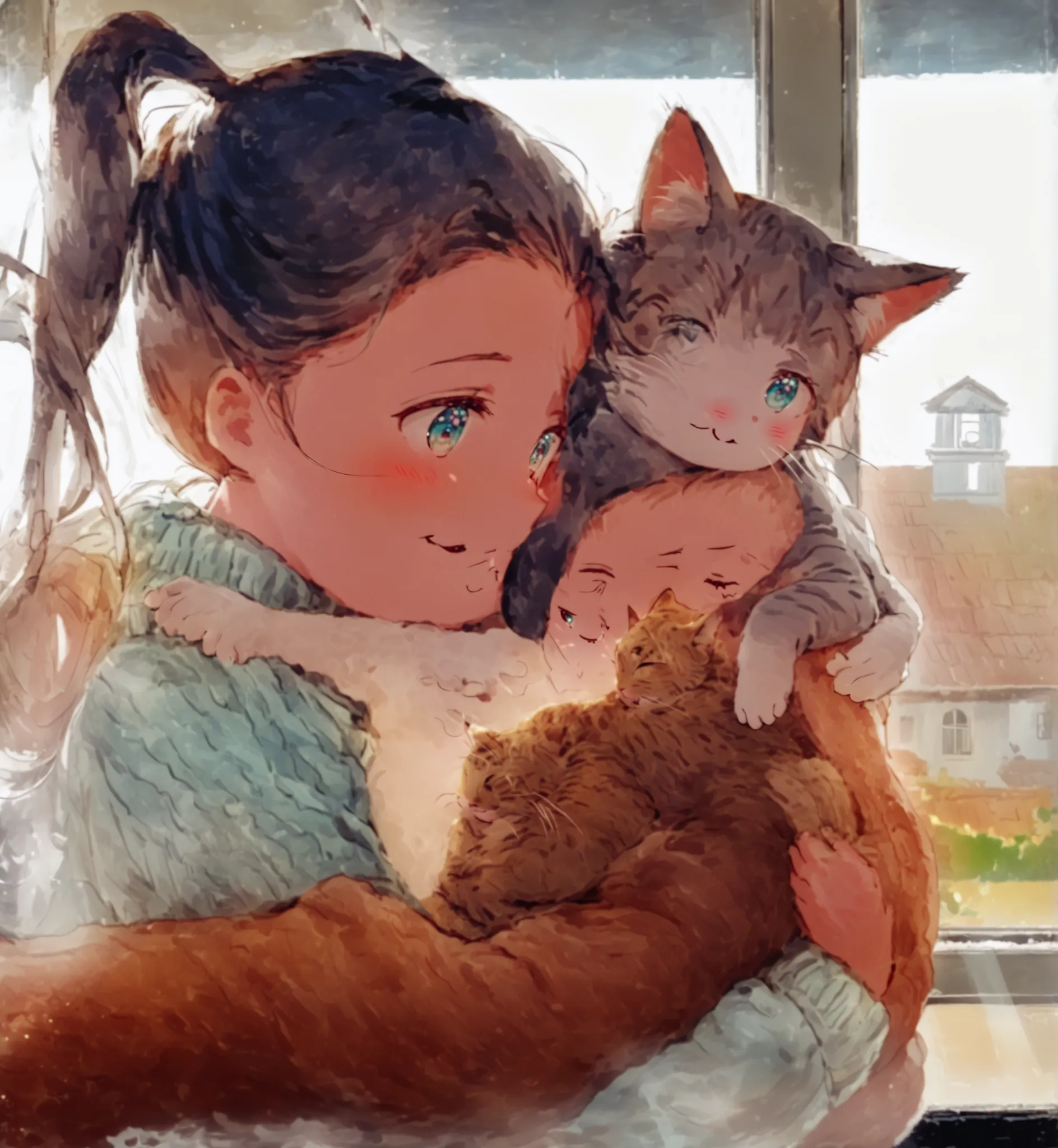 A tender and emotionally rich scene unfolds indoors as a young girl with neatly tied pigtails, dressed in a cozy light teal knit sweater, cradles a ginger-and-white tabby cat in her arms. Her rosy cheeks and bright, affectionate eyes beam with pure joy as ...