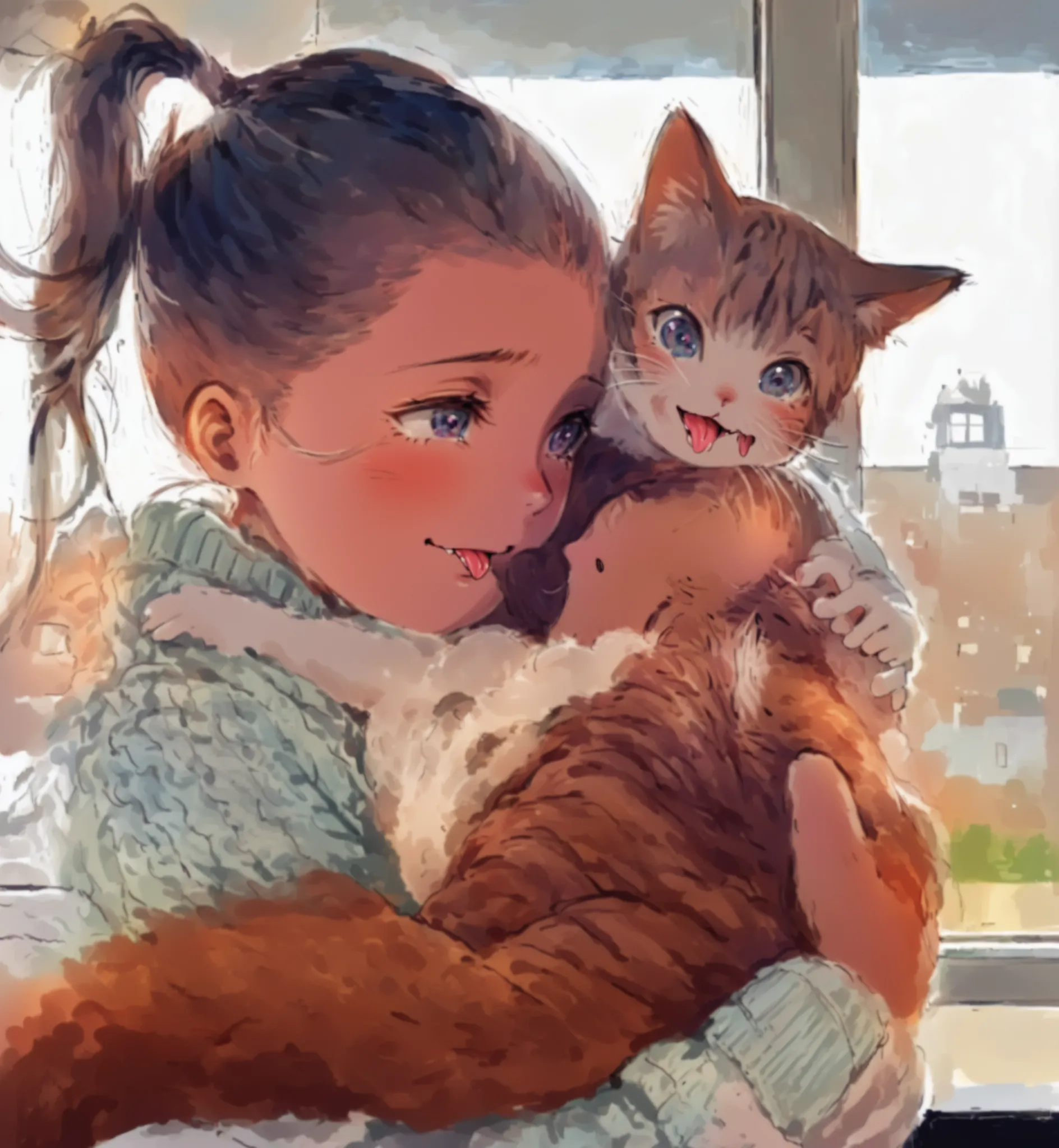 A tender and emotionally rich scene unfolds indoors as a young girl with neatly tied pigtails, dressed in a cozy light teal knit sweater, cradles a ginger-and-white tabby cat in her arms. Her rosy cheeks and bright, affectionate eyes beam with pure joy as ...