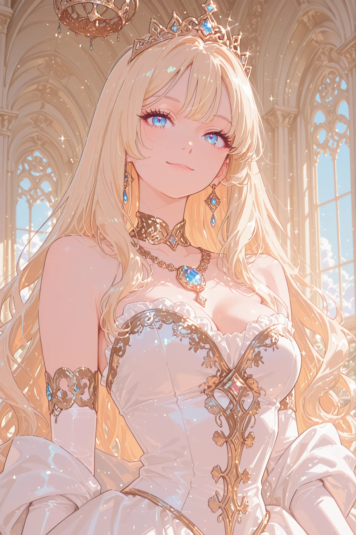 anime,beautiful woman, elegant princess, mid-torso composition, slightly turned pose, soft smile, narrow waist, glossy white strapless ball gown, golden embroidery, flowing white gloves, elegant gem necklace, luxurious design, royal crown with silver and g...