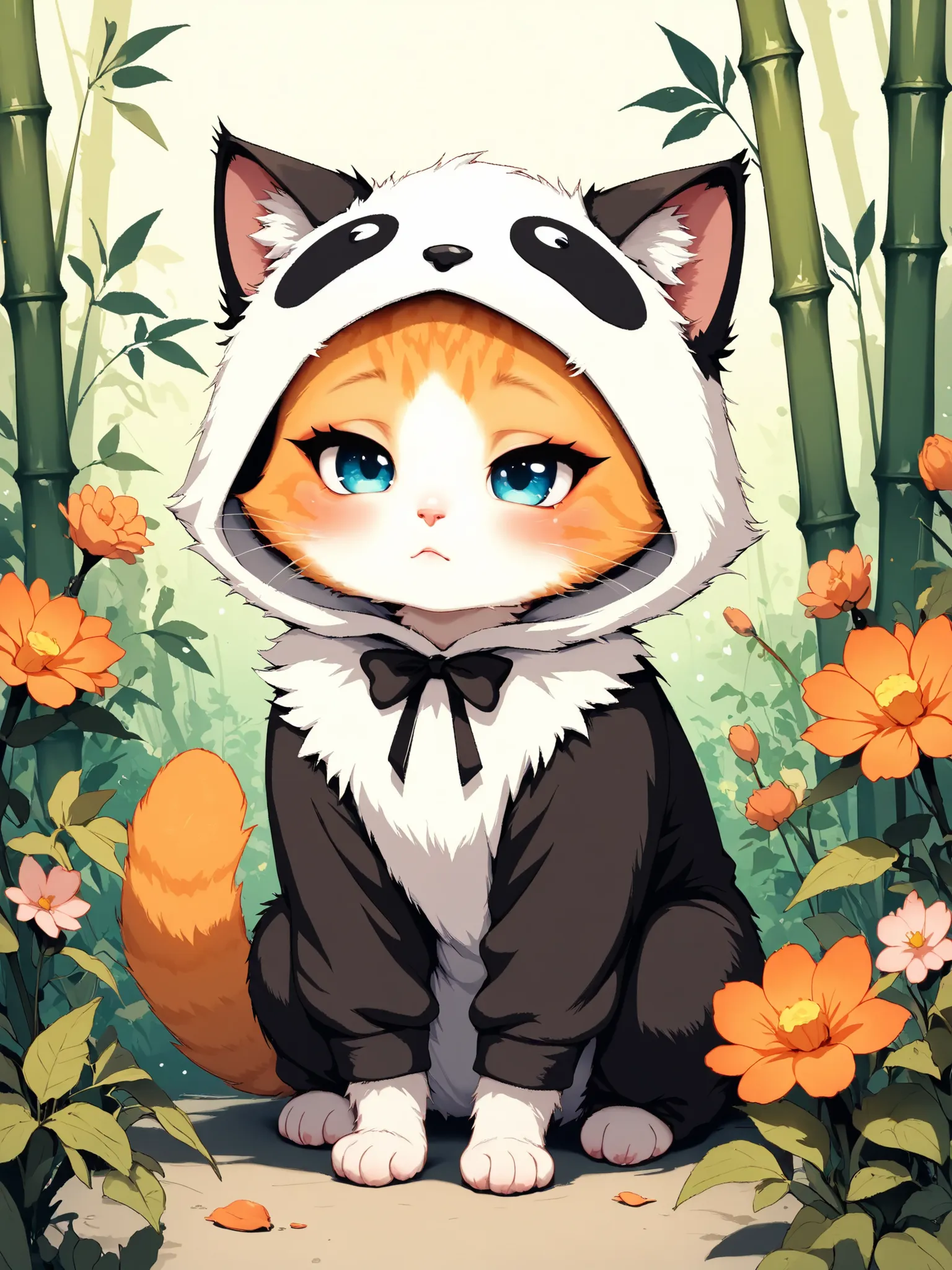 masterpiece, good quality, amazing quality, very aesthetic, anime, highres, absurdres, 16K resolution. | Kitten with fluffy orange fur, wearing panda costume for kitten, sleepy expression in a bamboo flower garden. Miao_Kitten.