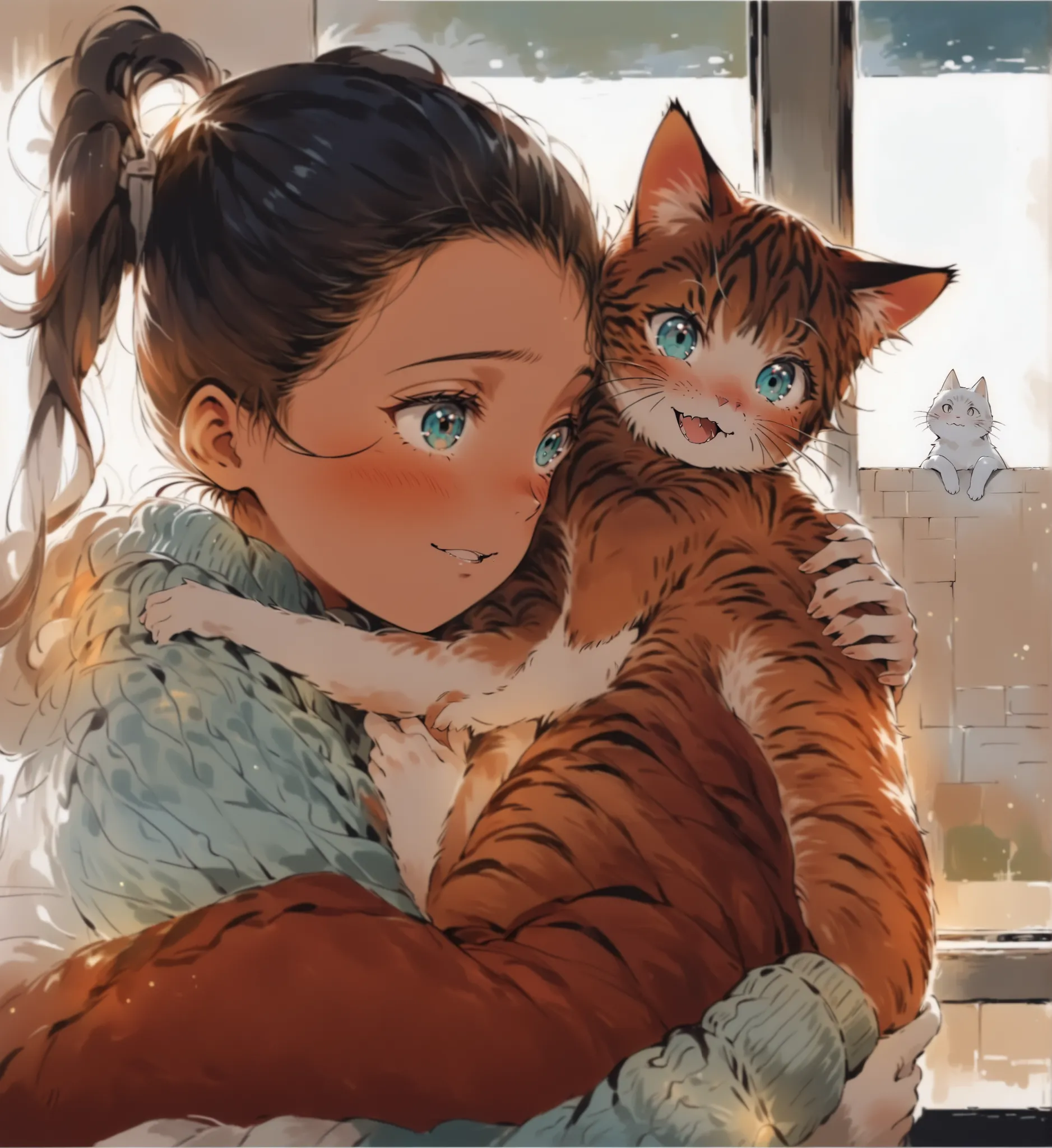 A tender and emotionally rich scene unfolds indoors as a young girl with neatly tied pigtails, dressed in a cozy light teal knit sweater, cradles a ginger-and-white tabby cat in her arms. Her rosy cheeks and bright, affectionate eyes beam with pure joy as ...
