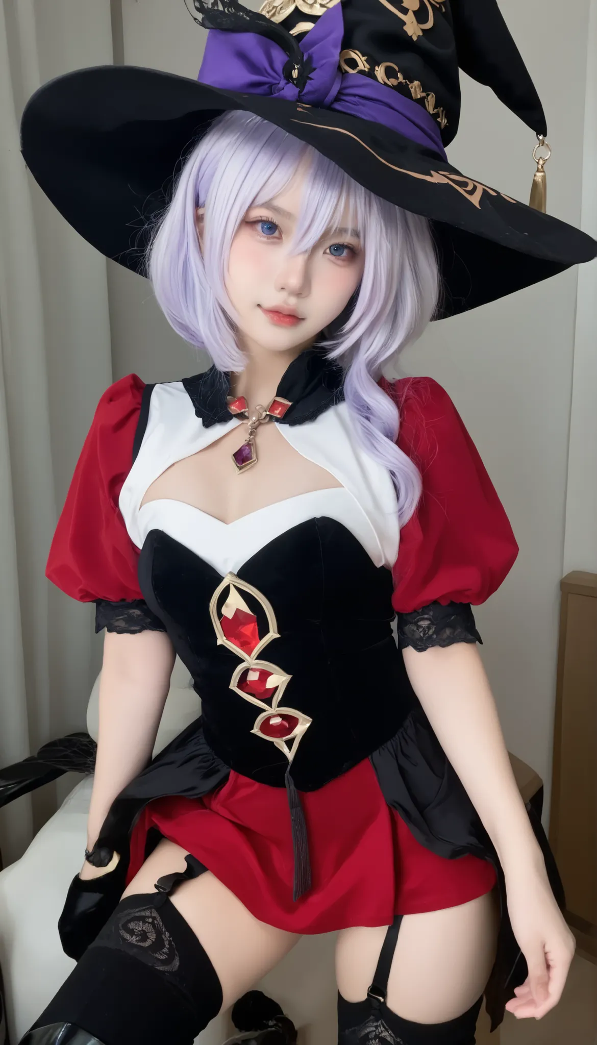 nagomis1_cnr, 1girl, light purple hair, hair between eyes, blue eyes, small breasts, witch hat, red dress, s, white dress, two-tone dress,white leotard, puffy sleeves, garter straps, black thighhighs, thigh boots, pele real,textura da pele,traços faciais d...