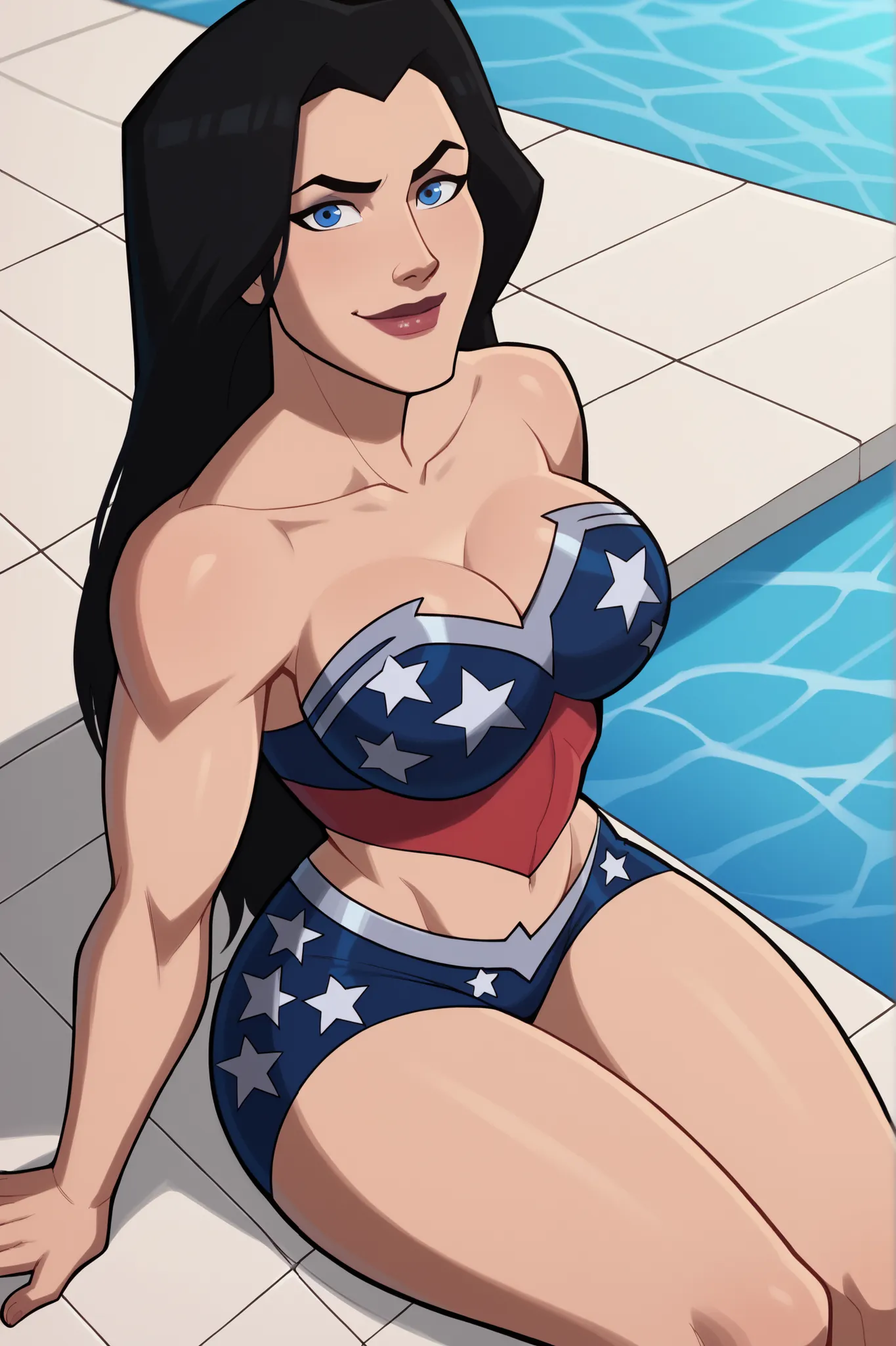 looking at viewer, smile, closed mouth, WWDiana, DianaHero, wonder woman, superhero, long hair, black hair, blue eyes, makeup, lipstick, score_9, score_8_up, score_7_up, score_6_up, 1girl, solo, large breasts, cleavage, curvy, athletic, sitting on pool cha...