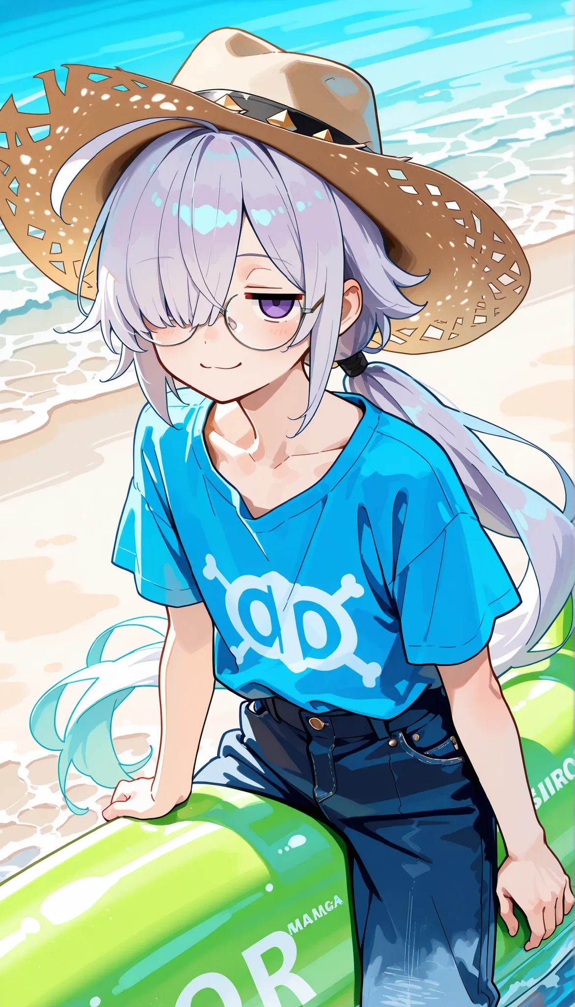 ( masterpiece , best quality , high quality ,8k,)  ( watercolor style illustration, :1.3) solo  (beautiful-young-man:1.4)  knight = = △ male muscular flat-chest (green-wavy-long-ponytail-hair:1.4)    (hair over one  eye, bangs, long bangs, :1.4) cowboy-hat...