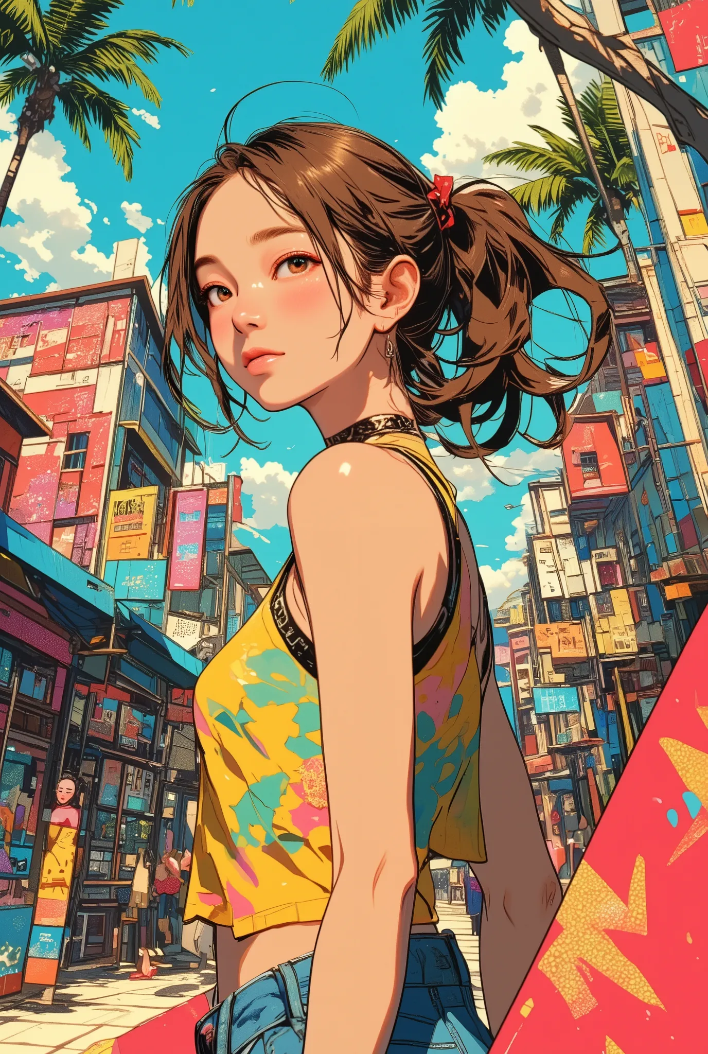 colorful、 pop、town、Beautiful girl、surfer、brown hair、ponytail