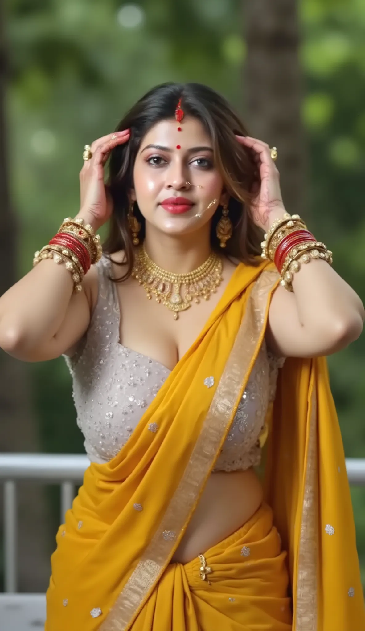 Full body view,From bottom view,long shot photo,4k ,8k resolution pic, highly detailed,HDR content,Showing sexy folded abdomen, Bindi on forehead Showing Peirce navel,Sexy beautiful indian alluring voluptuous white pale skin bhabhi, bindi on forehead,big h...