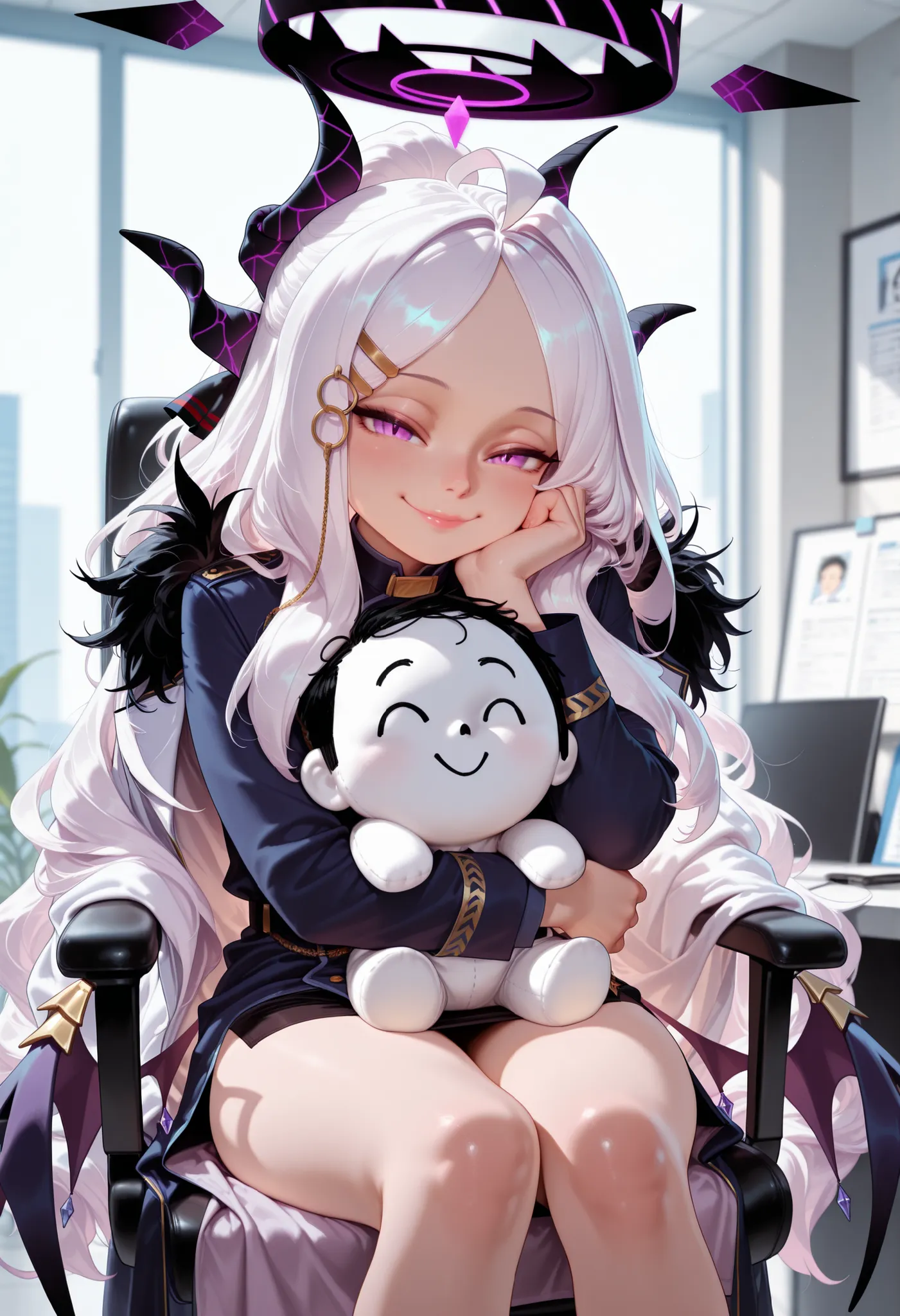 (masterpiece),high res, 4k, UHD, hina(blue_archive), thin clothes, thin legs, looking at viewer, wholesome smile, sitting on chair, lips, young, waist wings, office, long coat, uniform, realistic, hugging plushie, sensei doodle, sensei plushie, head rest, ...