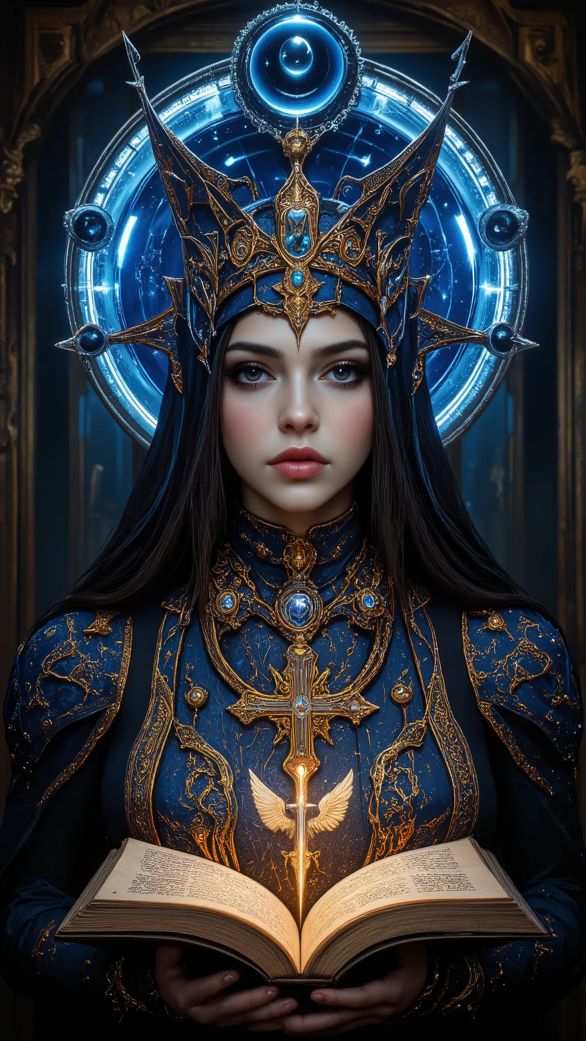 Surreal Painting,  An extravagant, mysterious female figure like the high priestess tarot card melded with artificial intelligence, dressed in intricately embroidered cobalt blue medieval clothing that fits her form perfectly , A jeweled rosary necklace wi...
