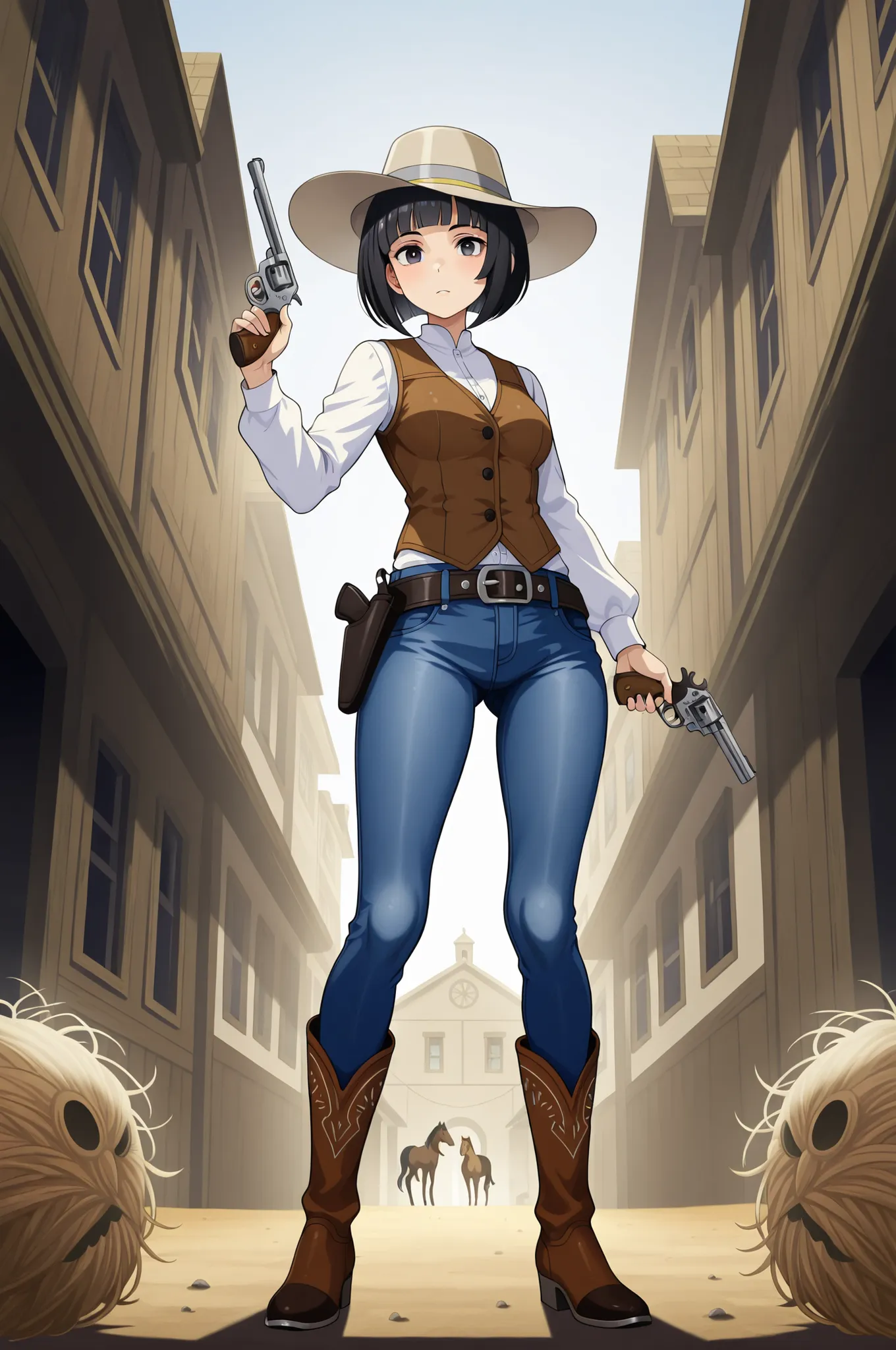 one woman is standing wearing tights、mayahell,black hair,dark eyes,bob cut、Long Jeans、white shirt、 brown vest 、Gunbelt、cowboy boots、I'm wearing a ten-gallon hat、is holding a revolver handgun and pushing up a ten gallon hat、Western buildings、horse、tumblewee...