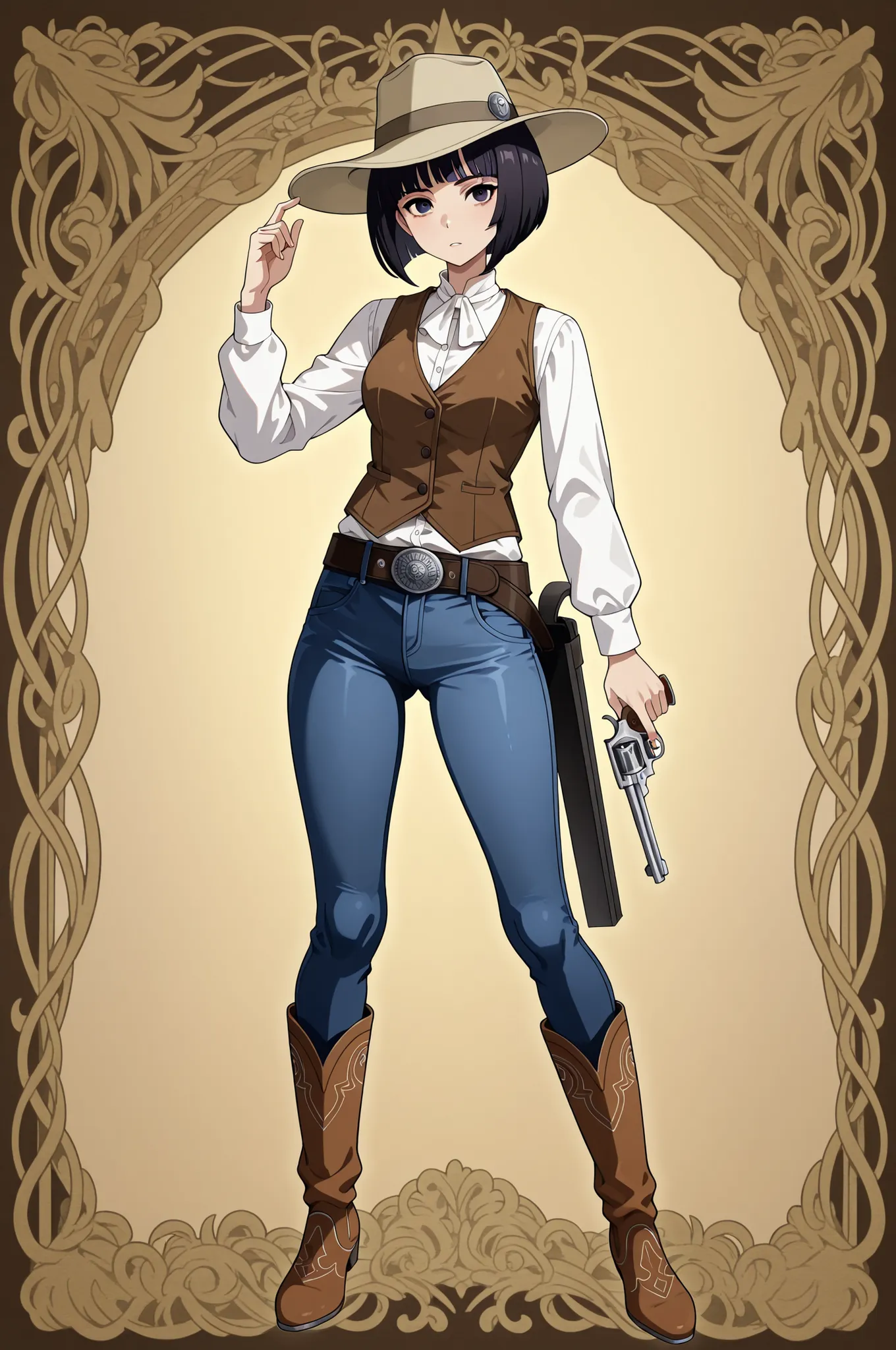 one woman is standing wearing tights、mayahell,dark haired,Dark Eyes,bob cut,Long Jeans,white shirt、 brown vest 、belt、Revolver case、cowboy boots、I'm wearing a ten-gallon hat、is holding a revolver handgun and pushing up a ten gallon hat、Western Opera Ranch、h...