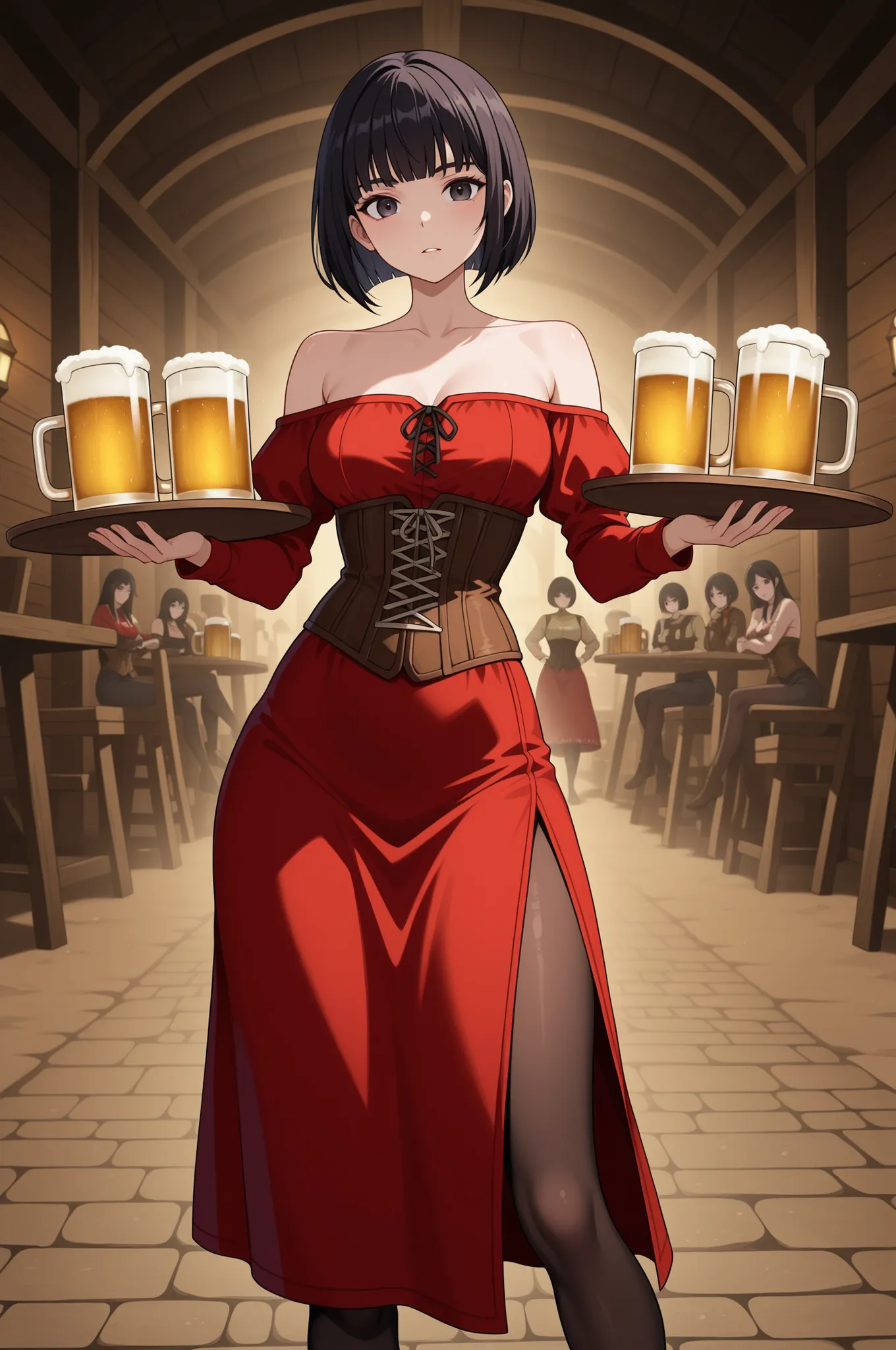one woman is standing wearing tights、mayahell,dark haired,Dark Eyes,bob cut,red long skirt dress、Relaxed shoulders、sleeve、corset、tray with beer mugs、Wild West Saloon、