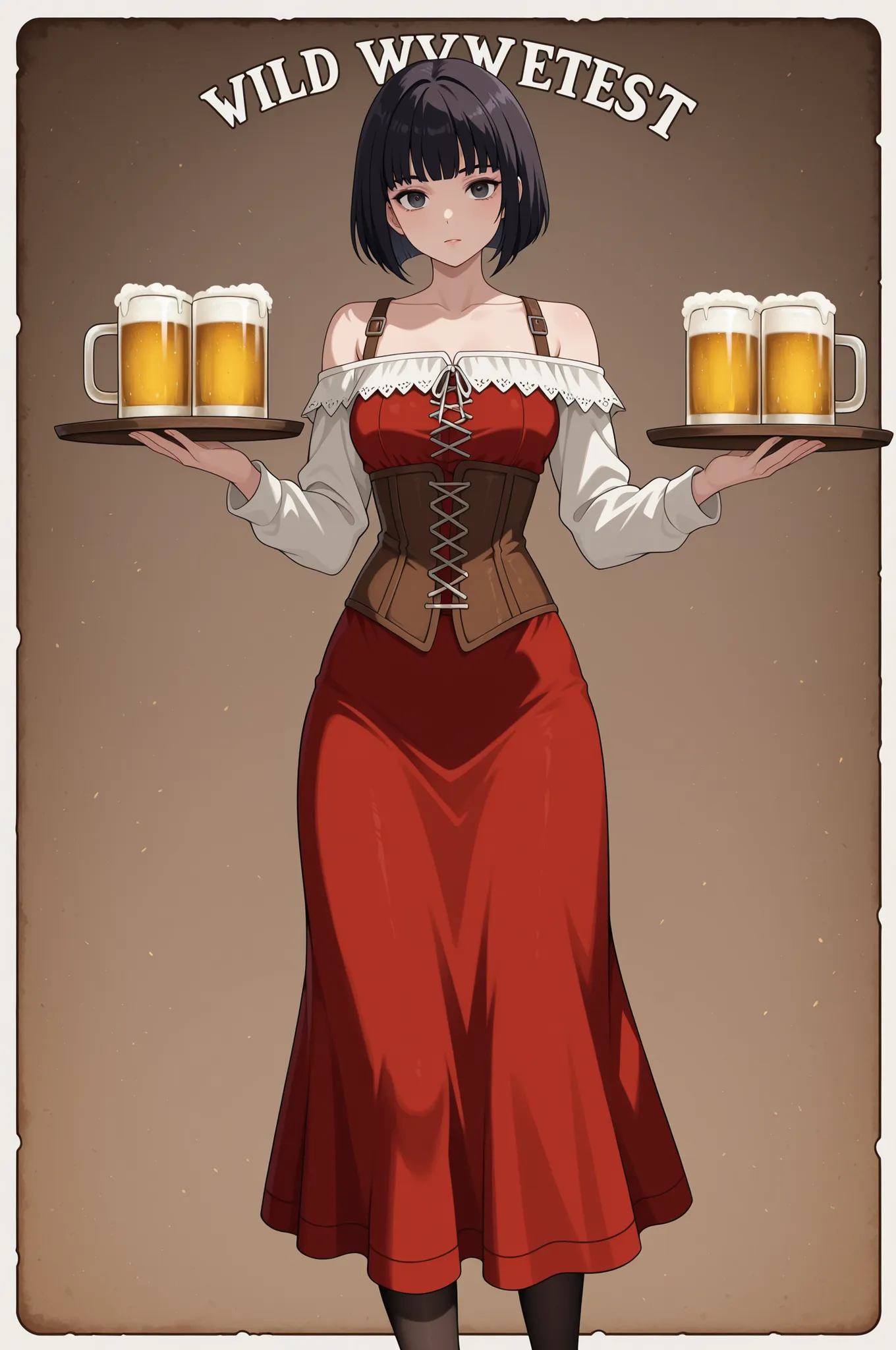 one woman is standing wearing tights、mayahell,dark haired,Dark Eyes,bob cut,red long skirt dress、Relaxed shoulders、sleeve、corset、tray with beer mugs、Wild West Saloon、